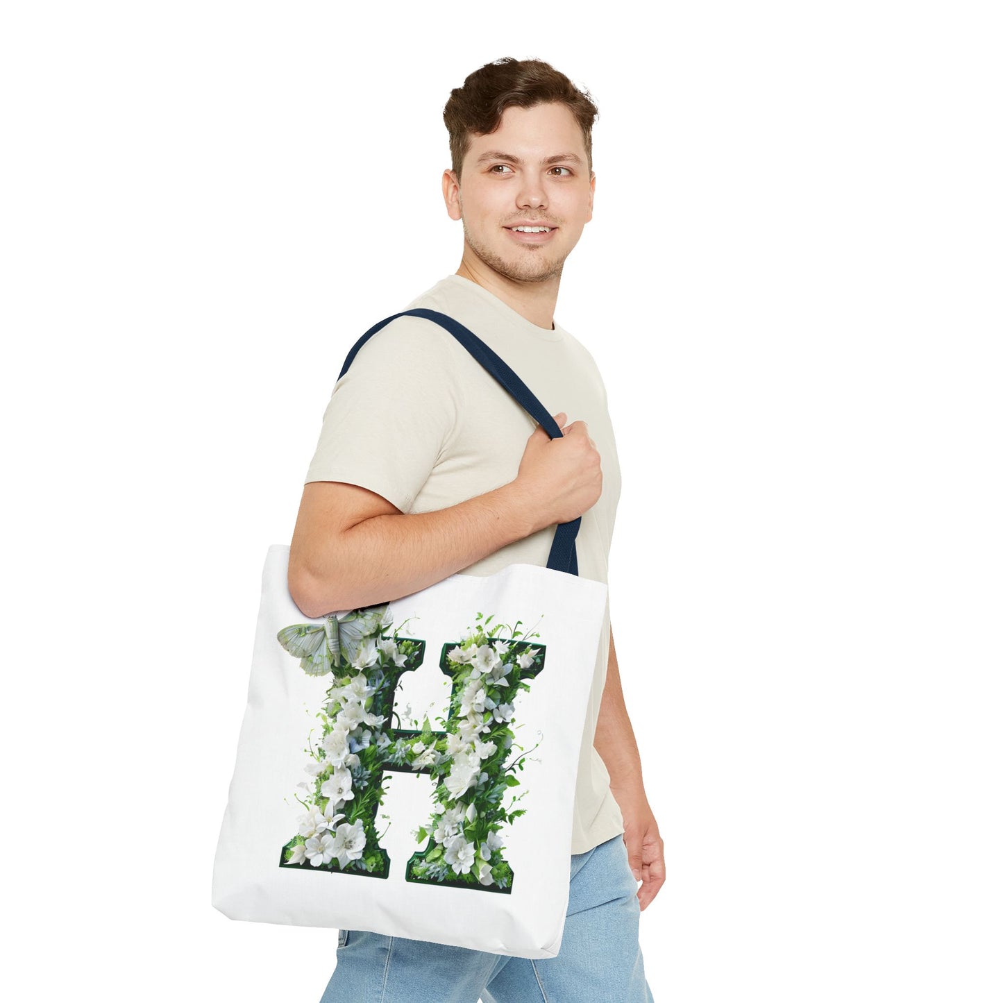 Floral Alphabet 'H' Tote Bag - Green and White Gift for Nature Lovers