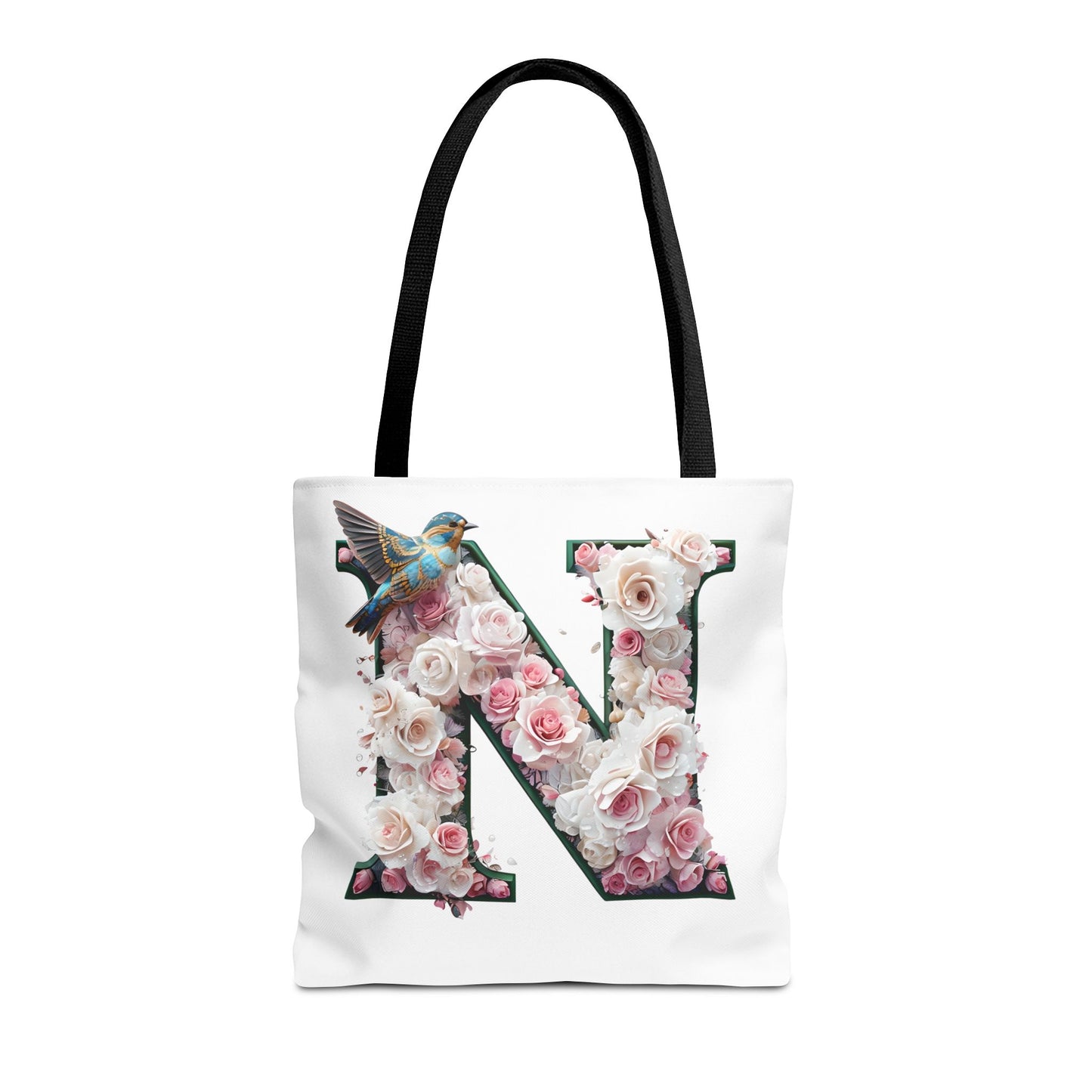 Floral Alphabet 'N' Tote Bag - Chic Shopper Accessory with Flower and Bird Design