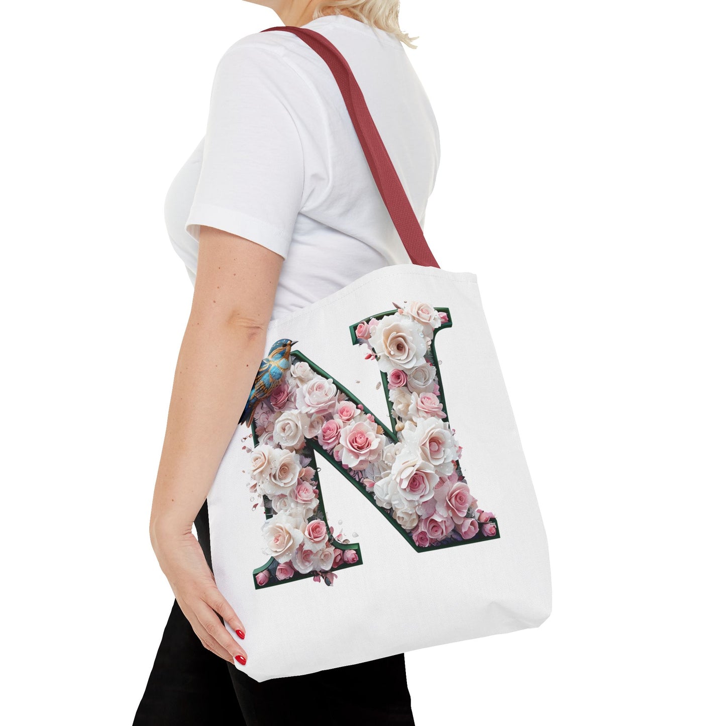 Floral Alphabet 'N' Tote Bag - Chic Shopper Accessory with Flower and Bird Design