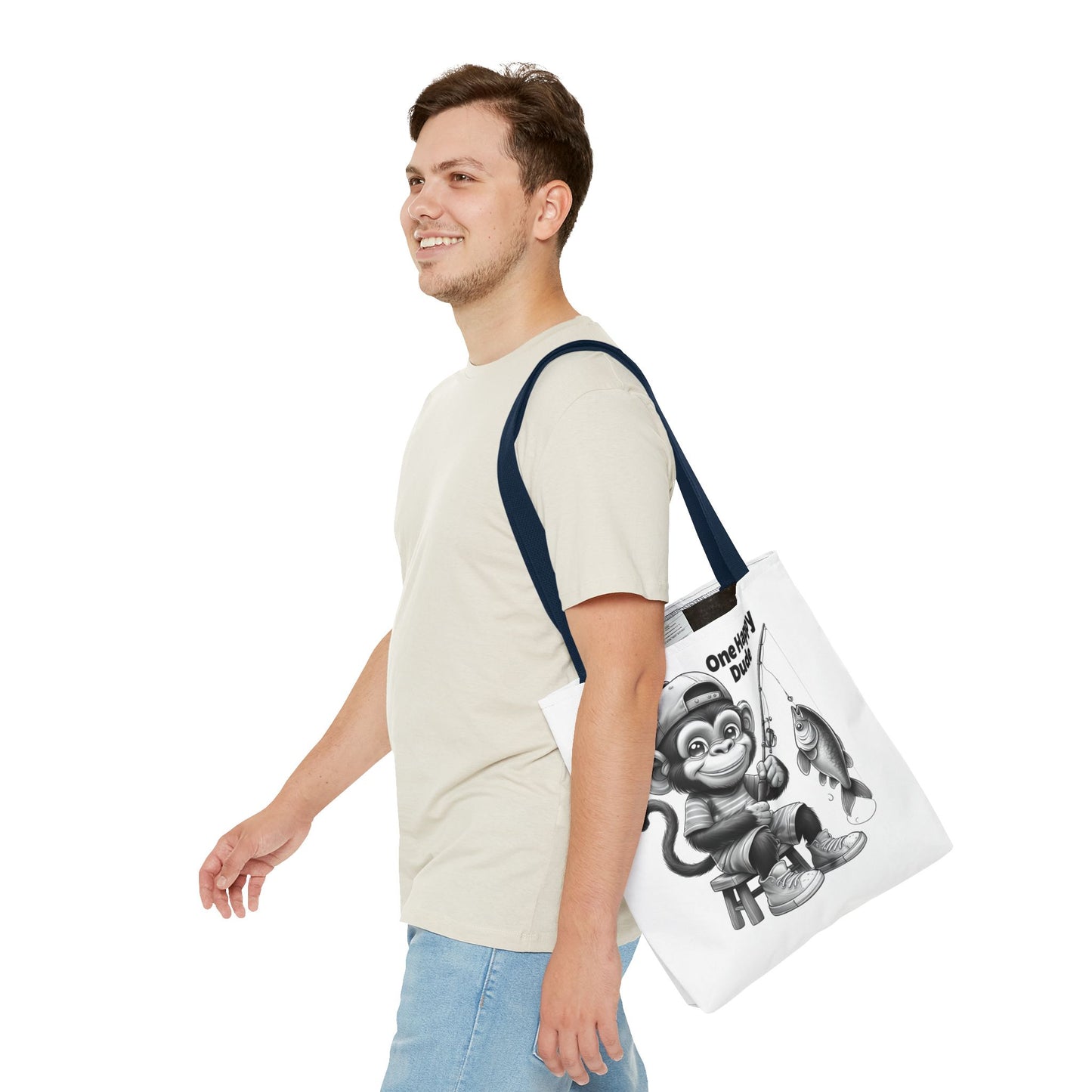 Happy Fishing Monkey Tote Bag, Fun Gift for Dad, Cool Beach Bag, Cute Animal Lover Accessory, Unique Shopper Tote