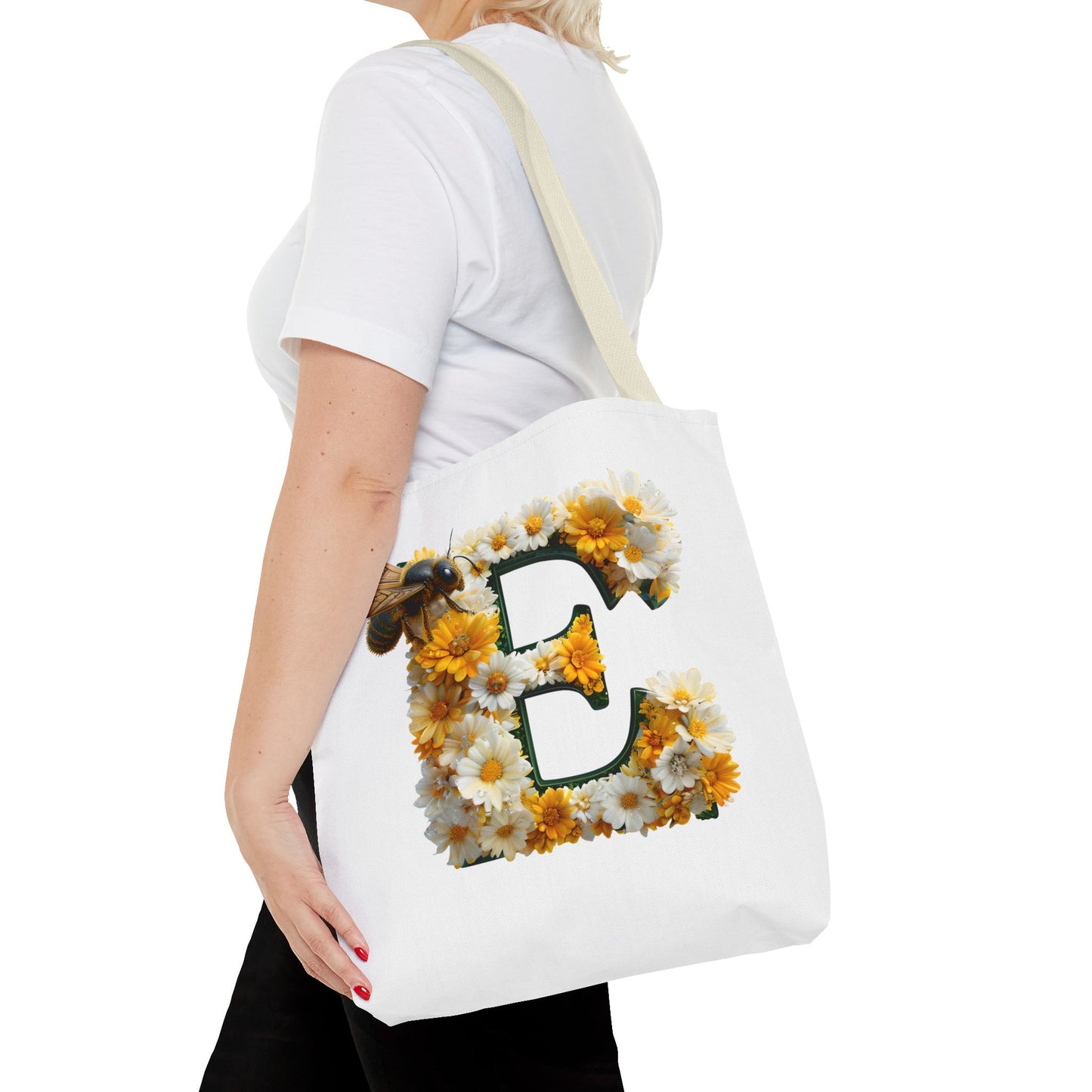 Floral Alphabet Tote Bag with Yellow Daisies, the Initial 'E' and Bee Design