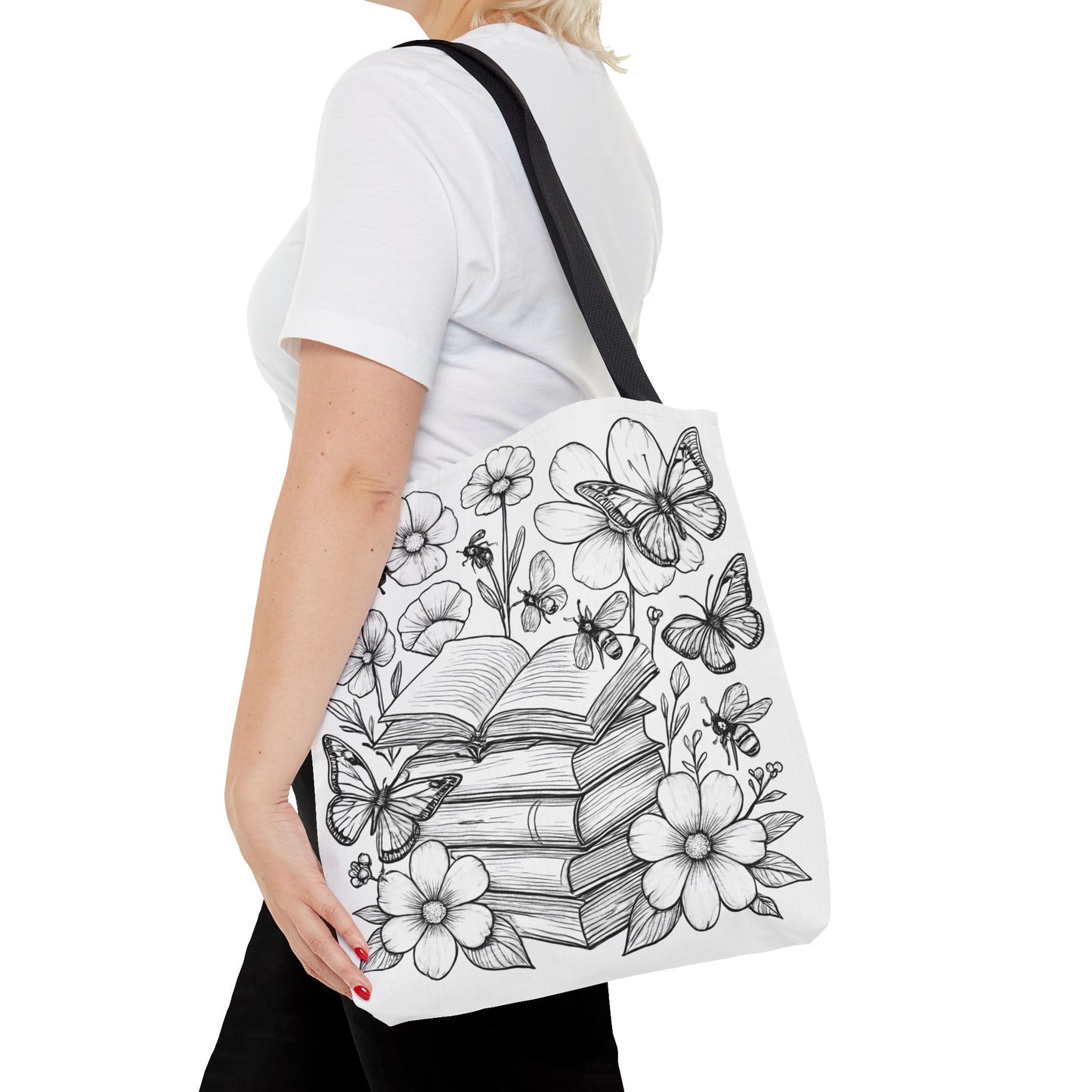 Coloring Page Book Lover Tote Bag, Floral Butterfly Tote, Gift for Readers, Library Bag, Eco-Friendly Shopping Tote