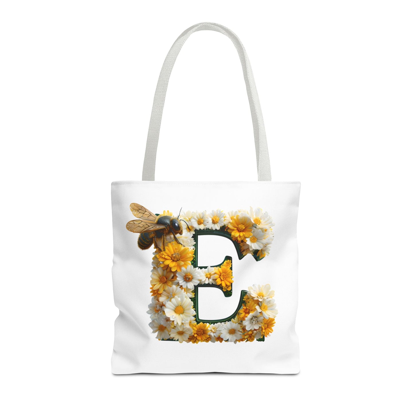 Floral Alphabet Tote Bag with Yellow Daisies, the Initial 'E' and Bee Design
