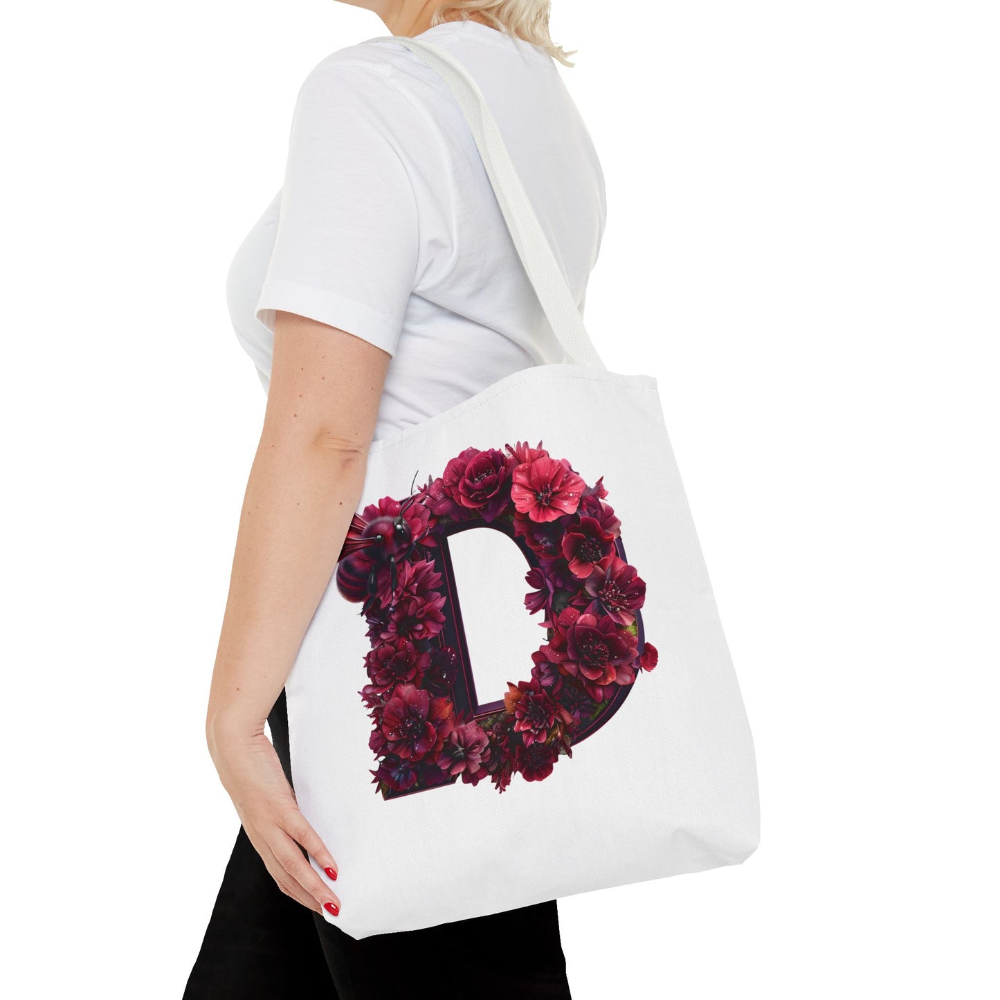 Floral Alphabet 'D' Tote Bag – Stylish Floral and Bee Design