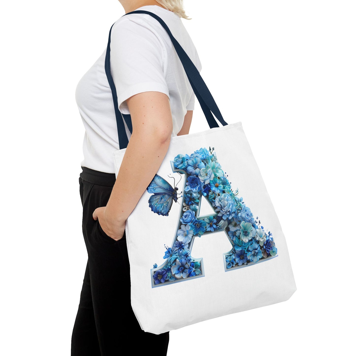 Floral Alphabet 'A' Tote Bag – Blue Butterfly Design