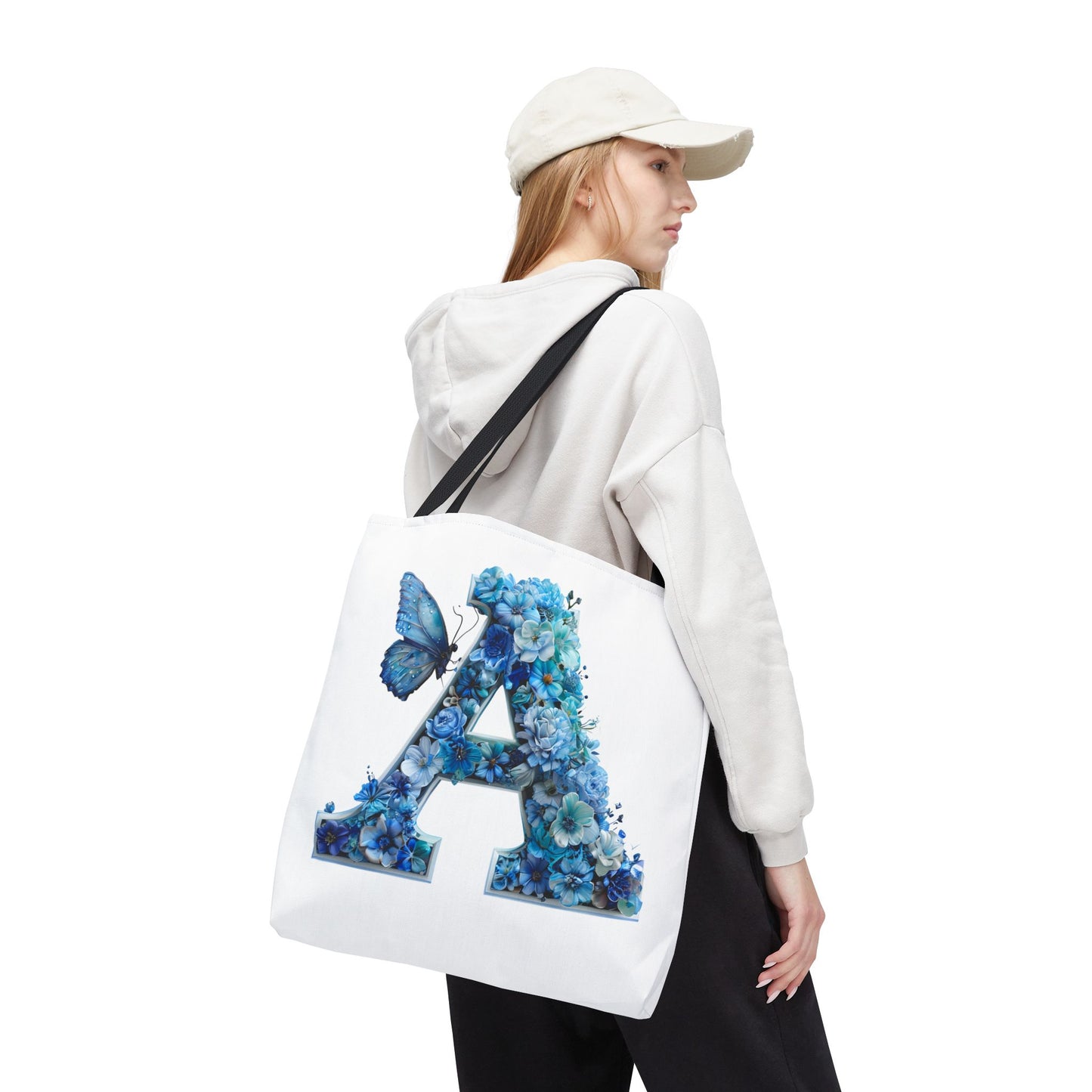 Floral Alphabet 'A' Tote Bag – Blue Butterfly Design