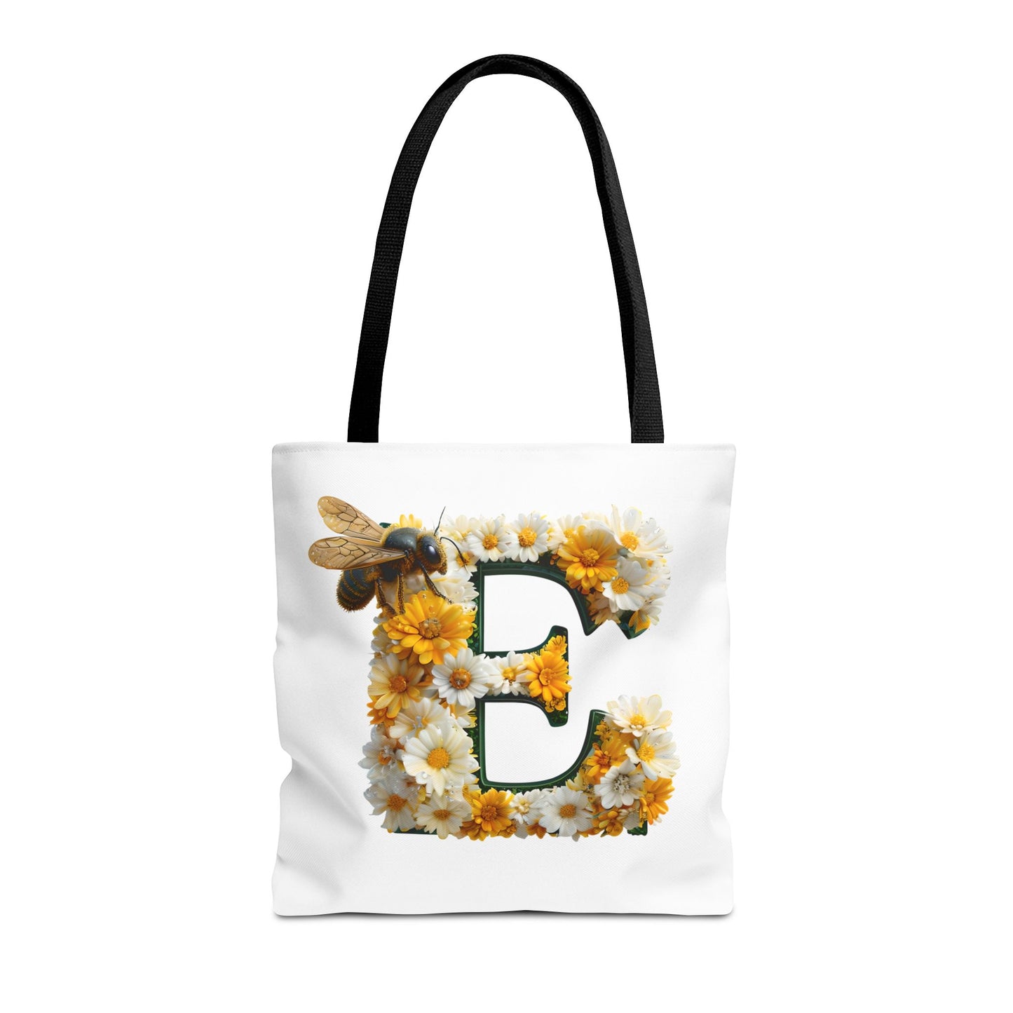 Floral Alphabet Tote Bag with Yellow Daisies, the Initial 'E' and Bee Design
