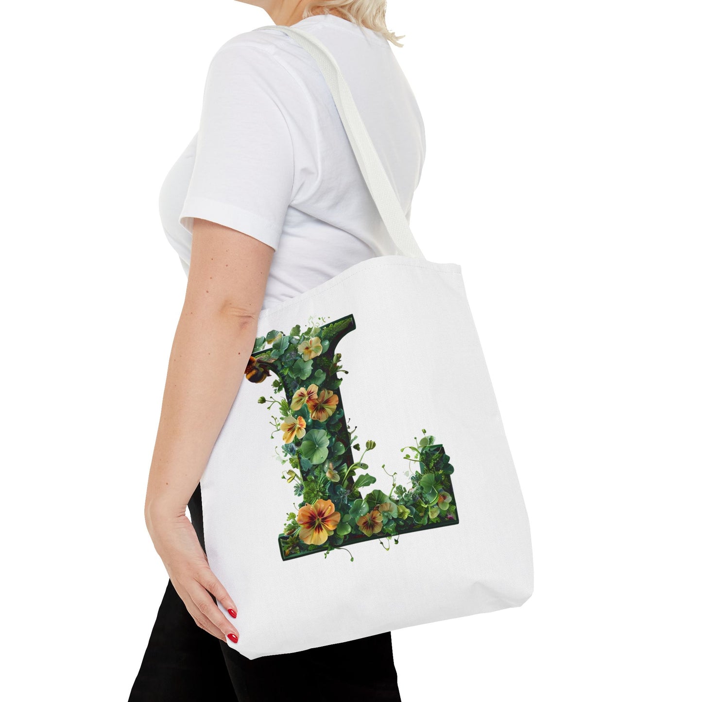 Floral Alphabet 'L' Tote Bag - Polyester Carryall for Nature Lovers