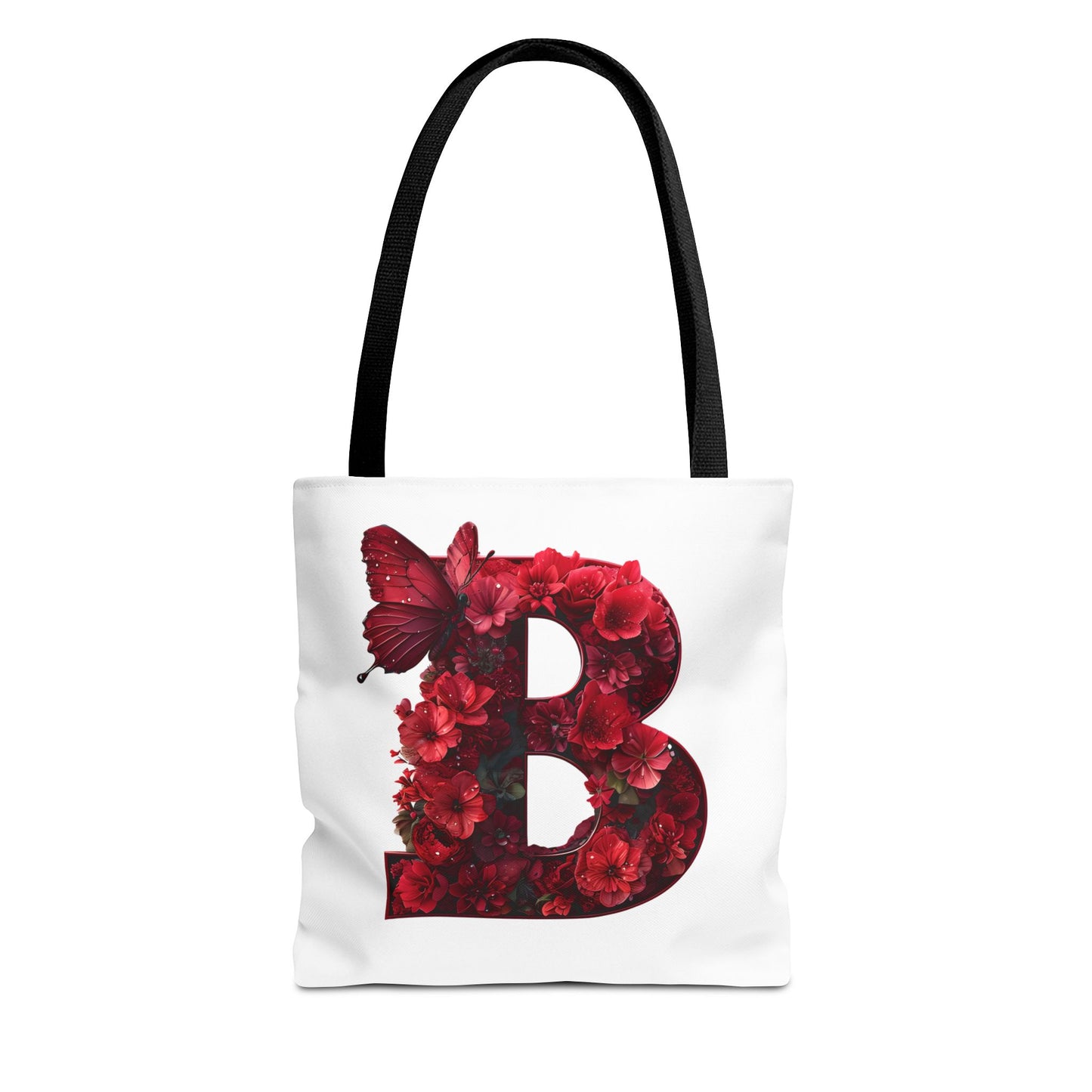Red Floral Alphabet B' Tote Bag with Butterfly - Shopping, Beach or Travel Accessory