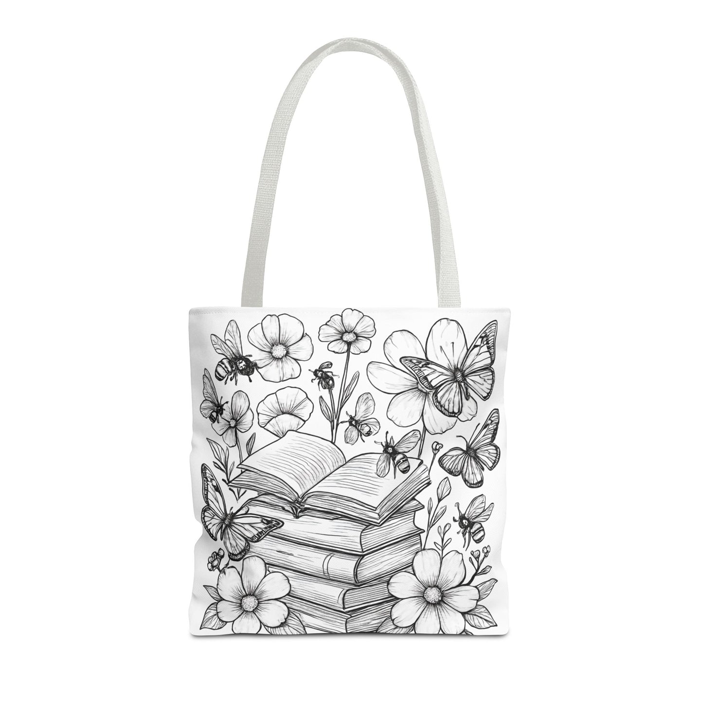 Coloring Page Book Lover Tote Bag, Floral Butterfly Tote, Gift for Readers, Library Bag, Eco-Friendly Shopping Tote
