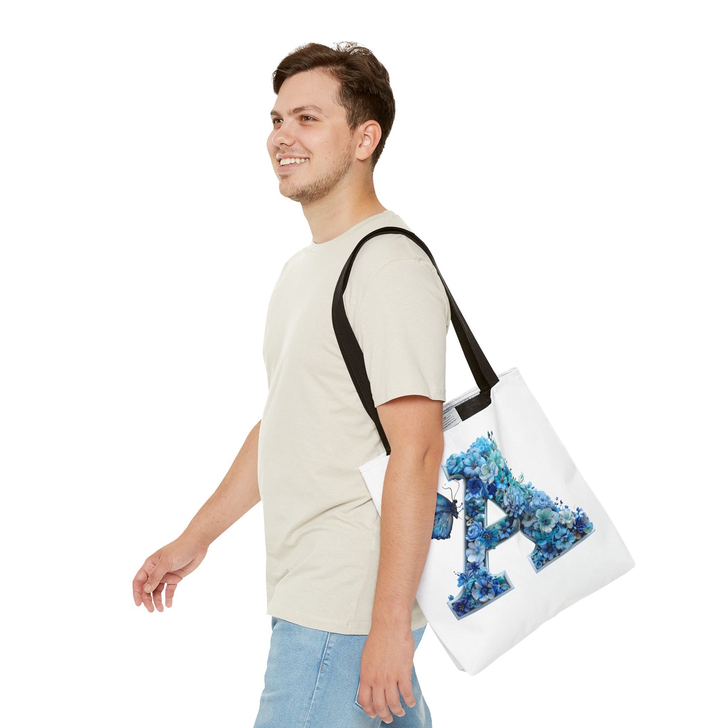 Floral Alphabet 'A' Tote Bag – Blue Butterfly Design