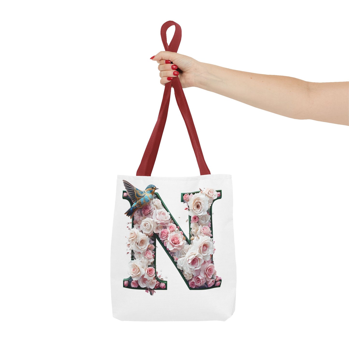 Floral Alphabet 'N' Tote Bag - Chic Shopper Accessory with Flower and Bird Design