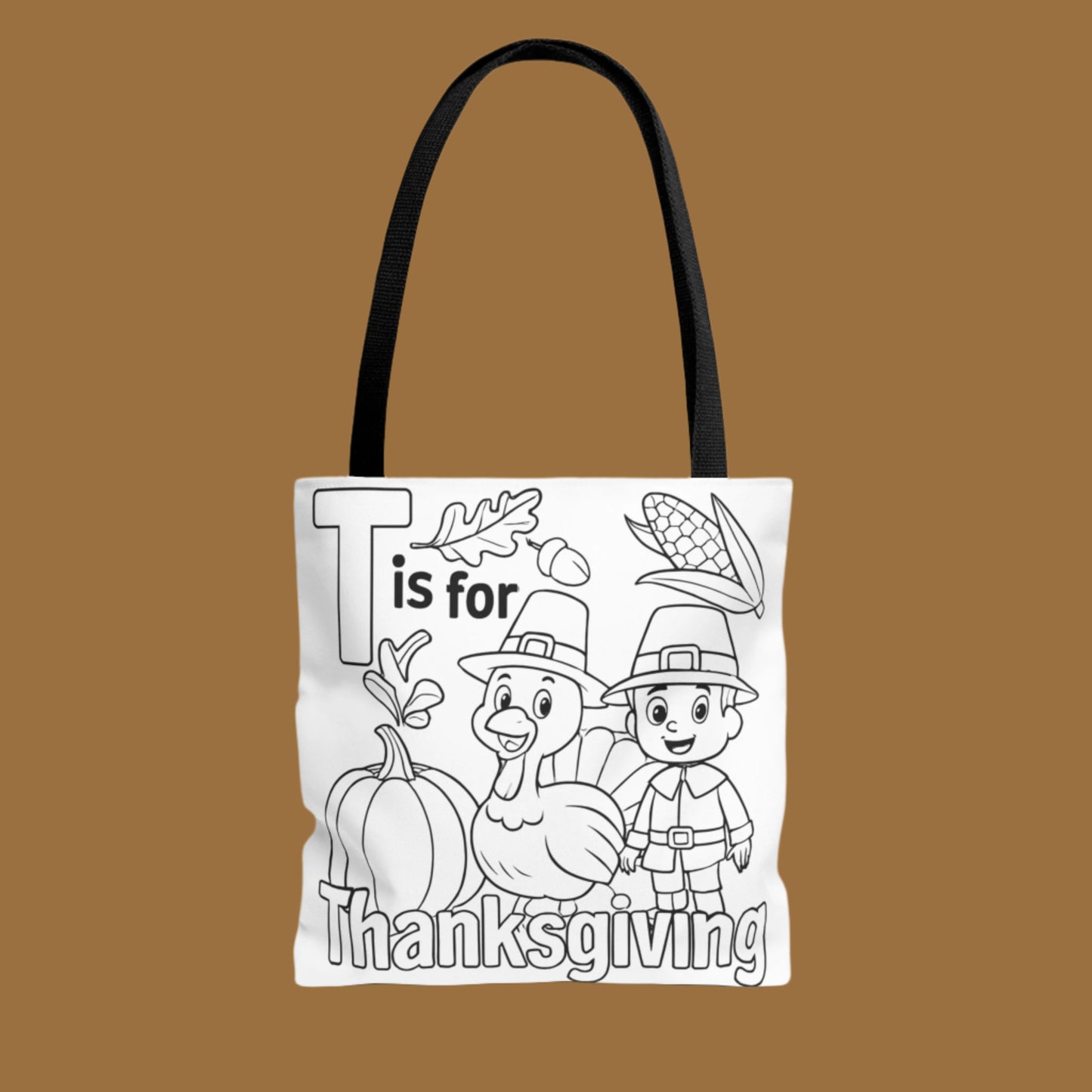 Coloring page tote bag with Thanksgiving design featuring pilgrims and a turkey.