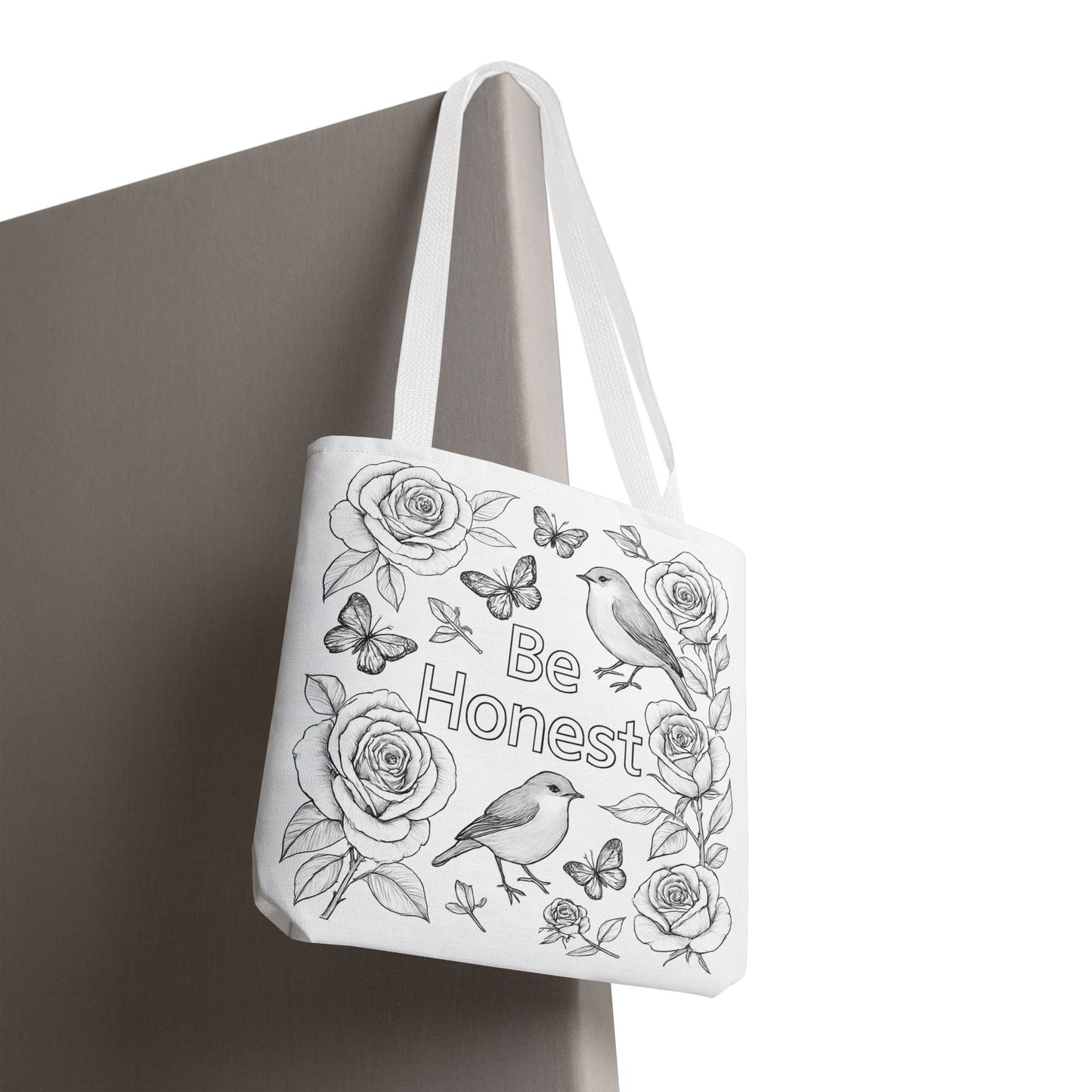 Black and White Floral Tote Bag - "Be Honest" Coloring Page Design, Eco-Friendly Shopping, Gift for Nature Lovers, Artistic Carryall, Everyday Use