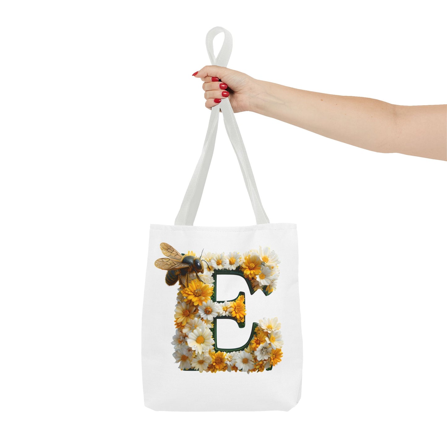 Floral Alphabet Tote Bag with Yellow Daisies, the Initial 'E' and Bee Design