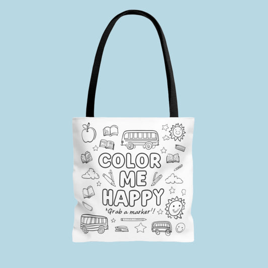 Back to School Coloring Page Tote bag with black and white illustrations and 'Color Me Happy' text
