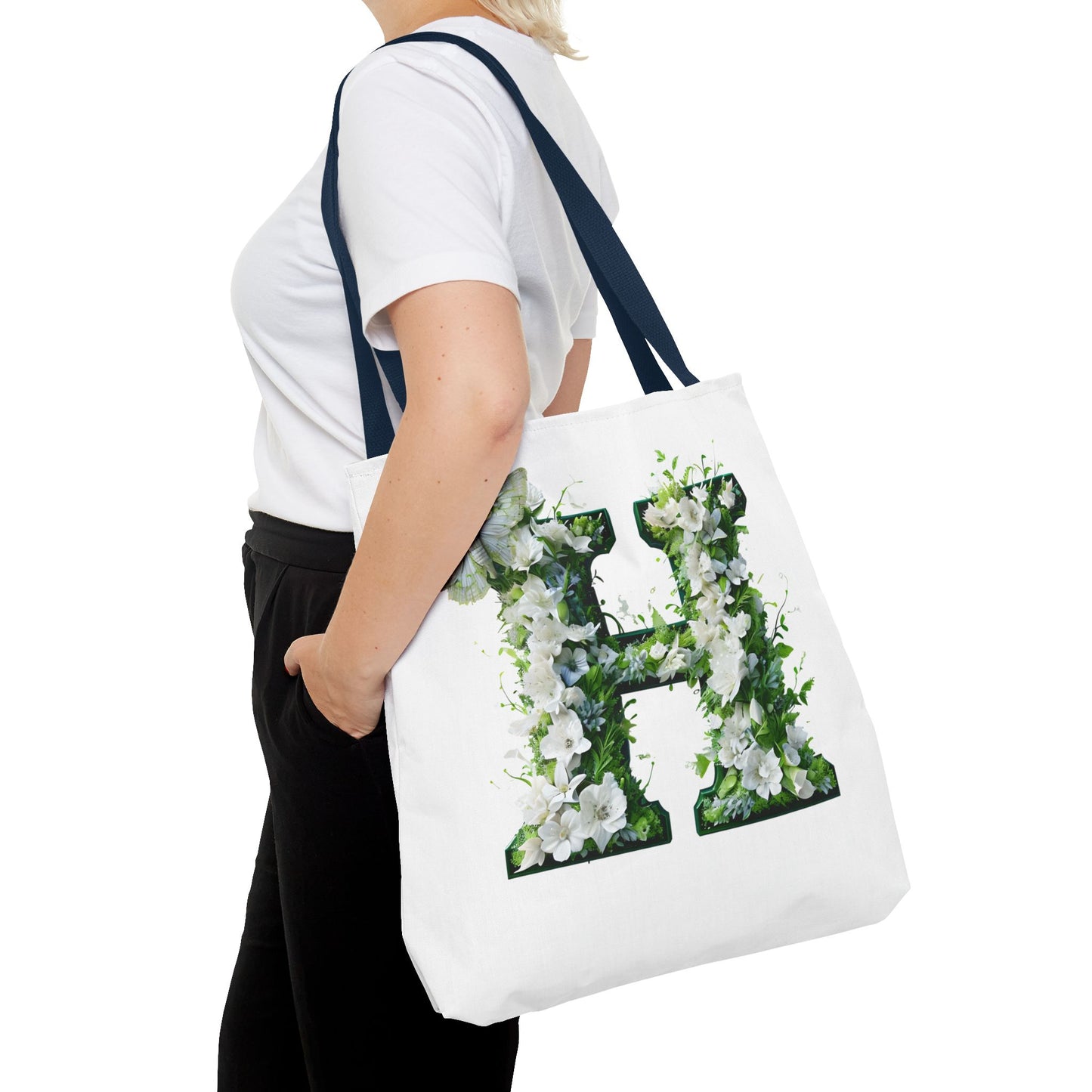 Floral Alphabet 'H' Tote Bag - Green and White Gift for Nature Lovers
