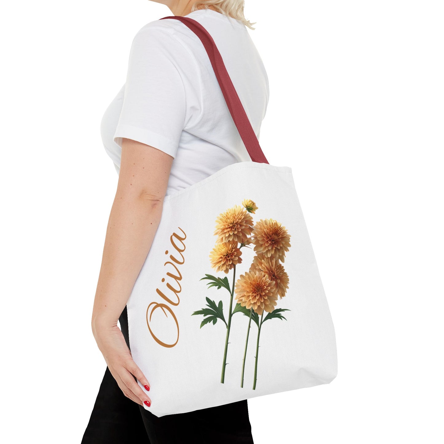 Personalized November Birth Month Flower Tote Bag, Chrysanthemum Bridesmaid Gift, Custom Grocery Bag