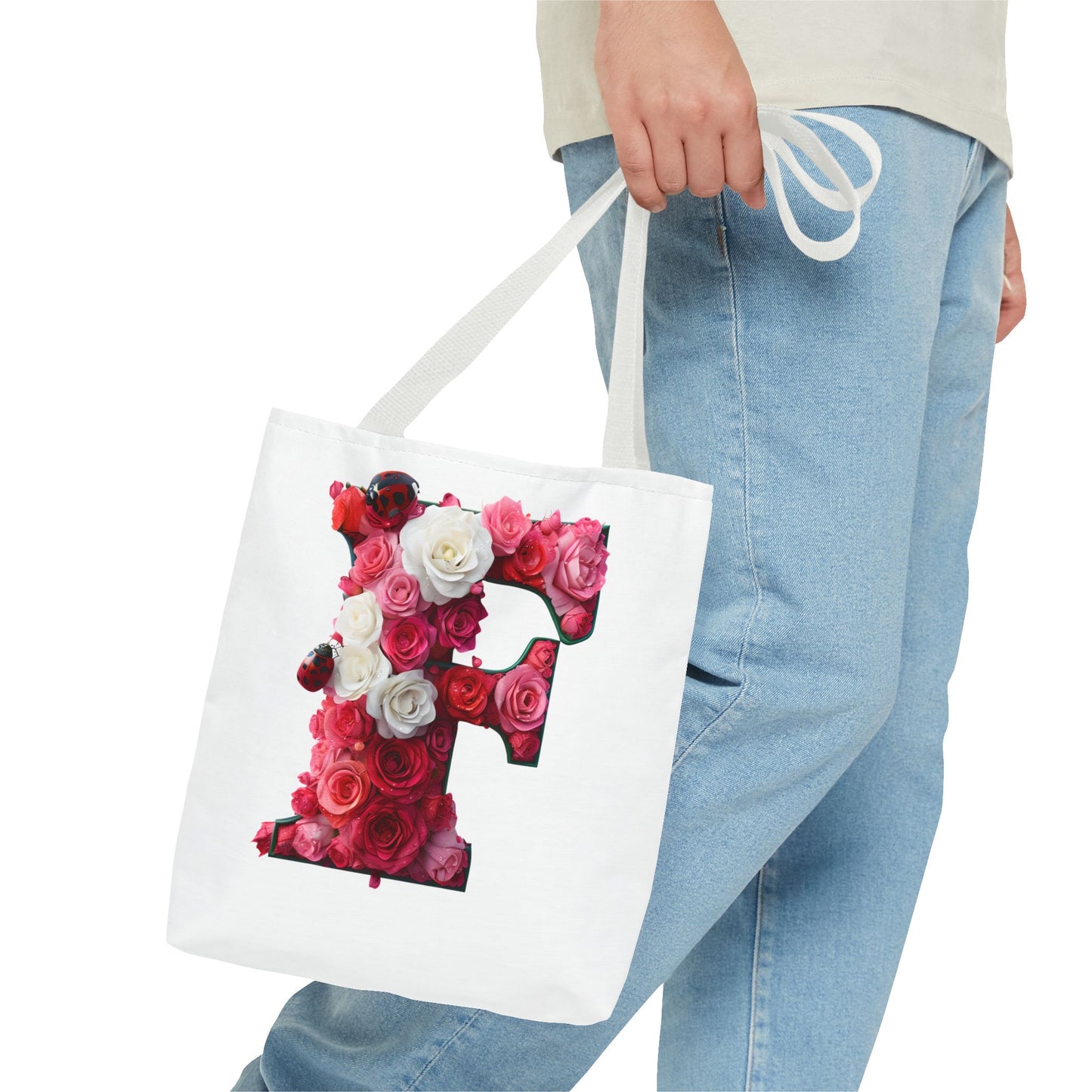 Floral Alphabet 'F' Rose and Ladybird Tote Bag