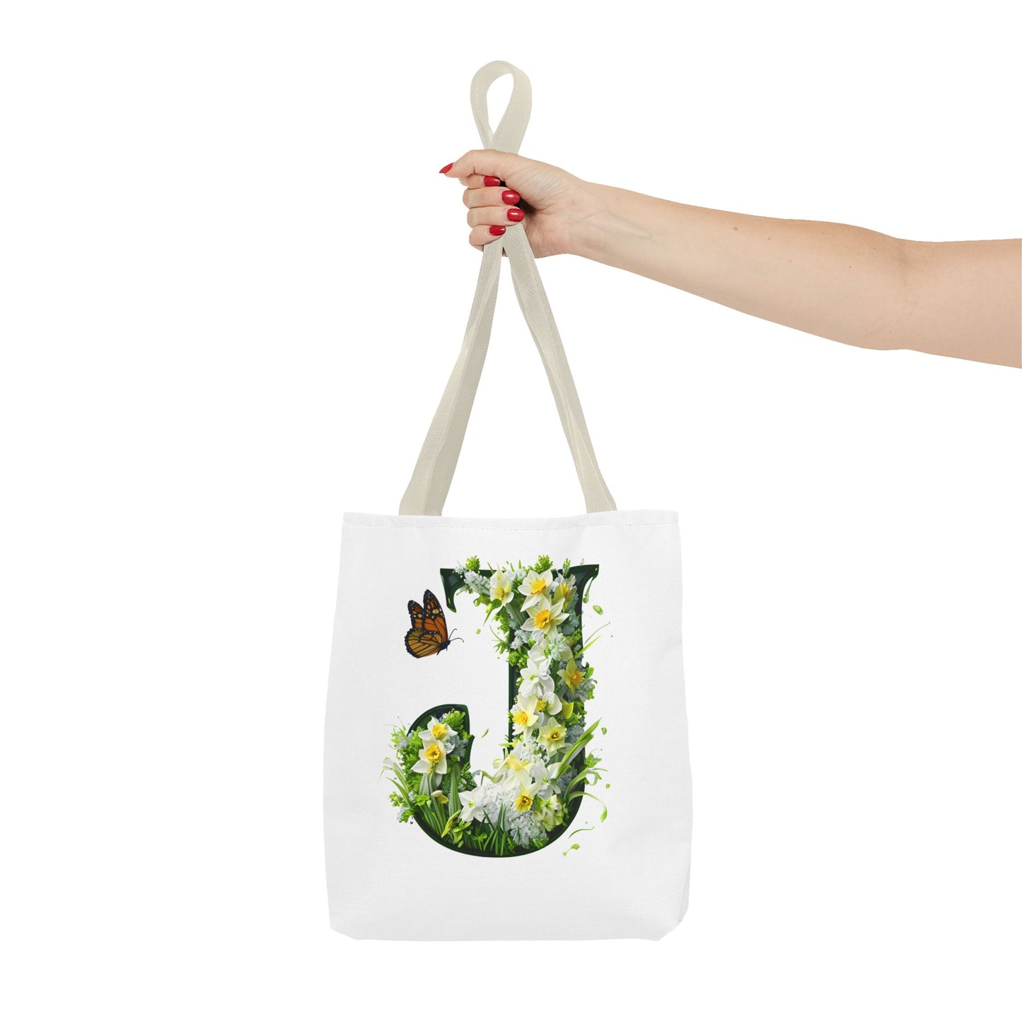 Floral Alphabet 'J' Tote Bag with Daffodils and Butterfly -Shopping & Gift Bag
