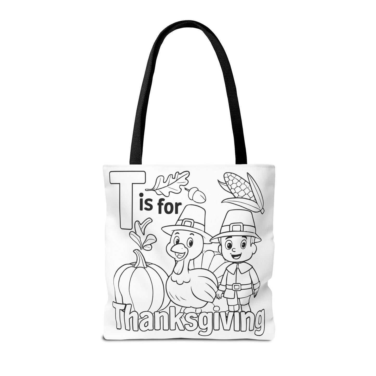 T is for Thanksgiving Coloring Page Tote Bag - Colorful Pilgrims and Turkey Design, AOP, Ideal for Holiday Gatherings, Gifts, and Crafts