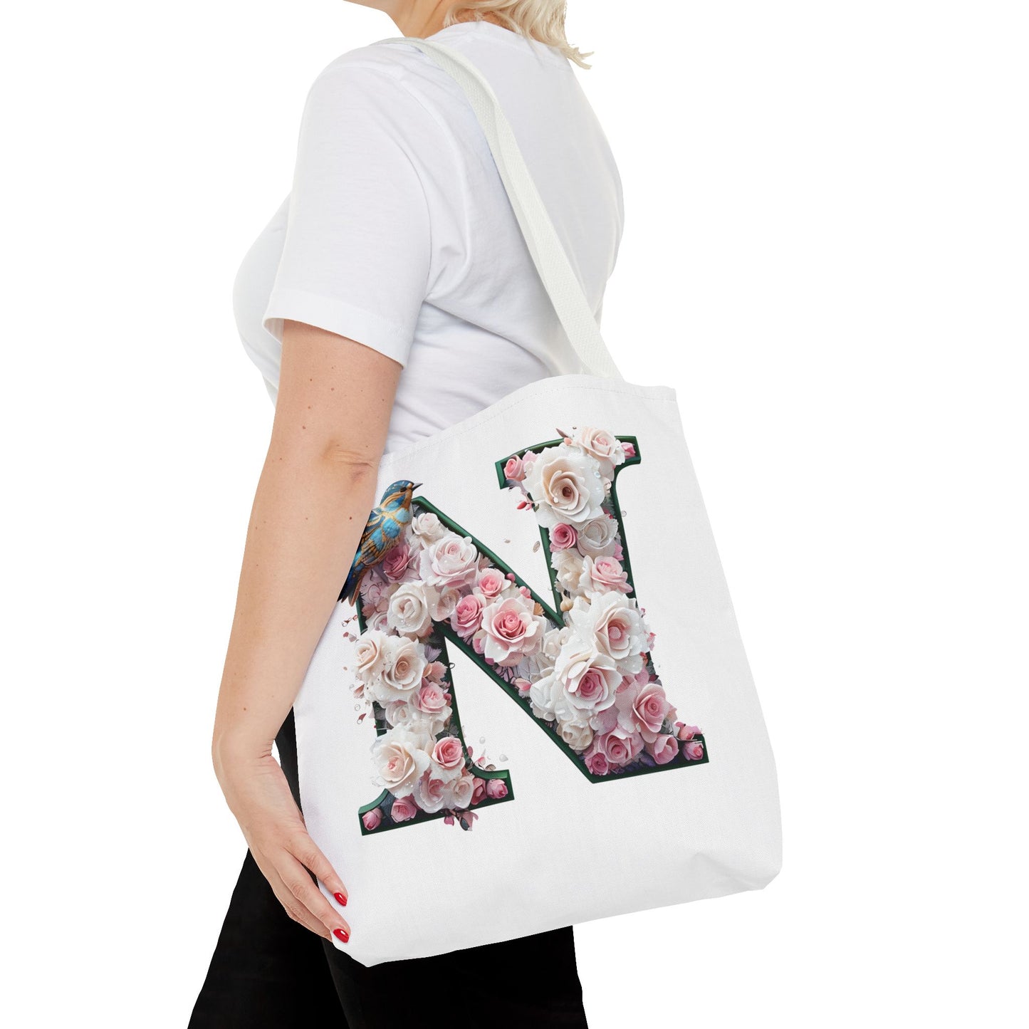 Floral Alphabet 'N' Tote Bag - Chic Shopper Accessory with Flower and Bird Design
