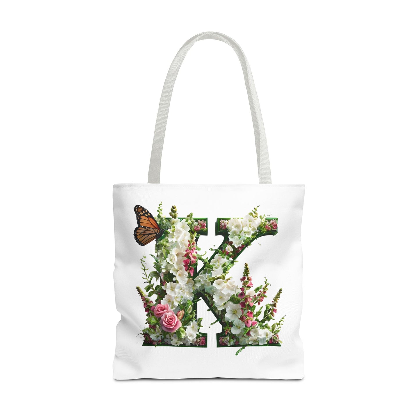 Floral Alphabet 'K' Tote Bag with Cottage Garden Flowers and Butterfly Design