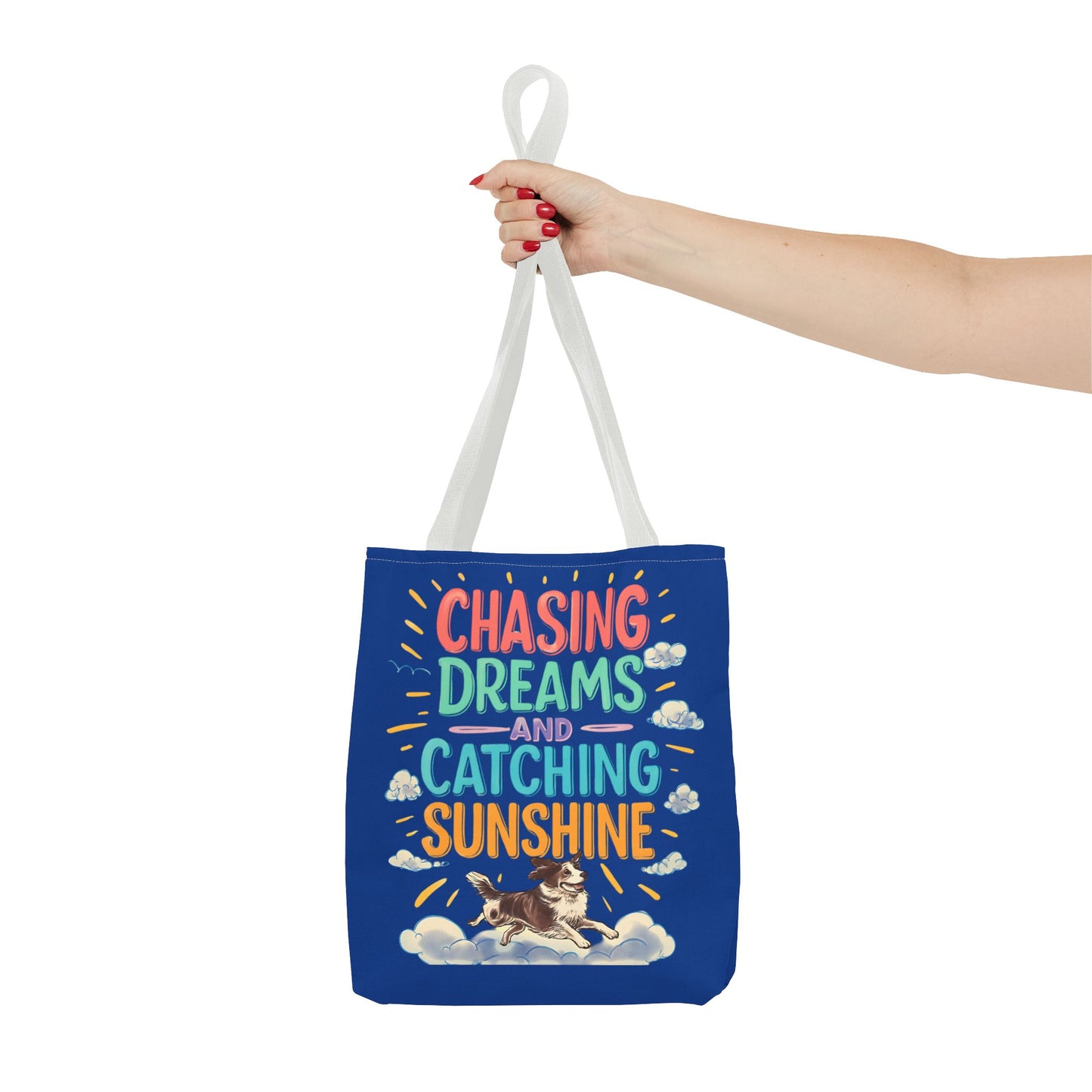 Chasing Dreams Tote Bag, Inspirational Tote, Dog Lover Gift, Eco-Friendly Shopper, Motivational Bag, Bright Blue Design