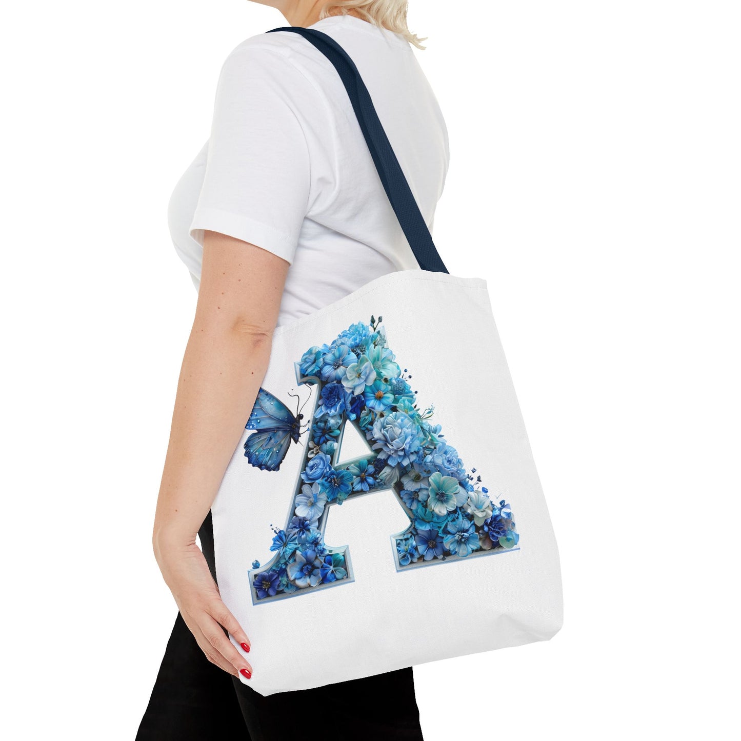 Floral Alphabet 'A' Tote Bag – Blue Butterfly Design