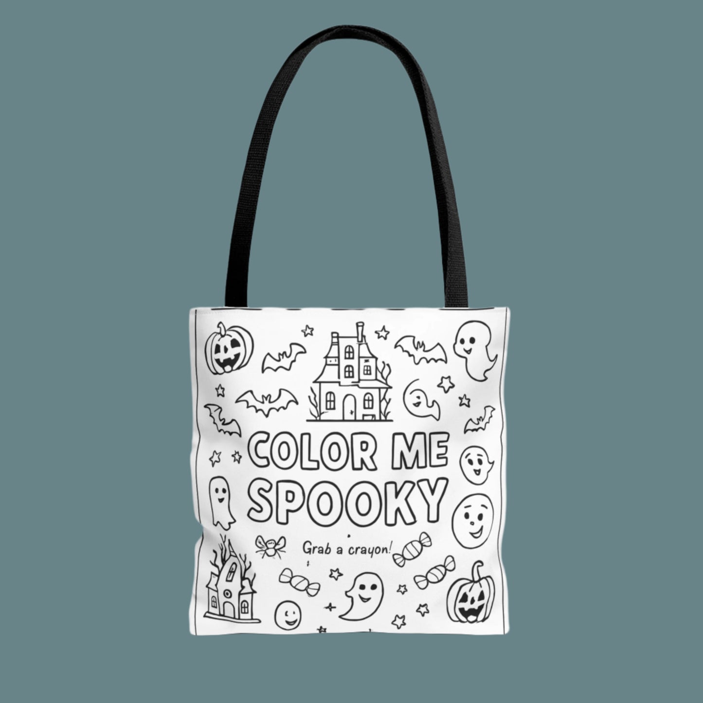 Color page tote bag with Halloween-themed design and text on a white background