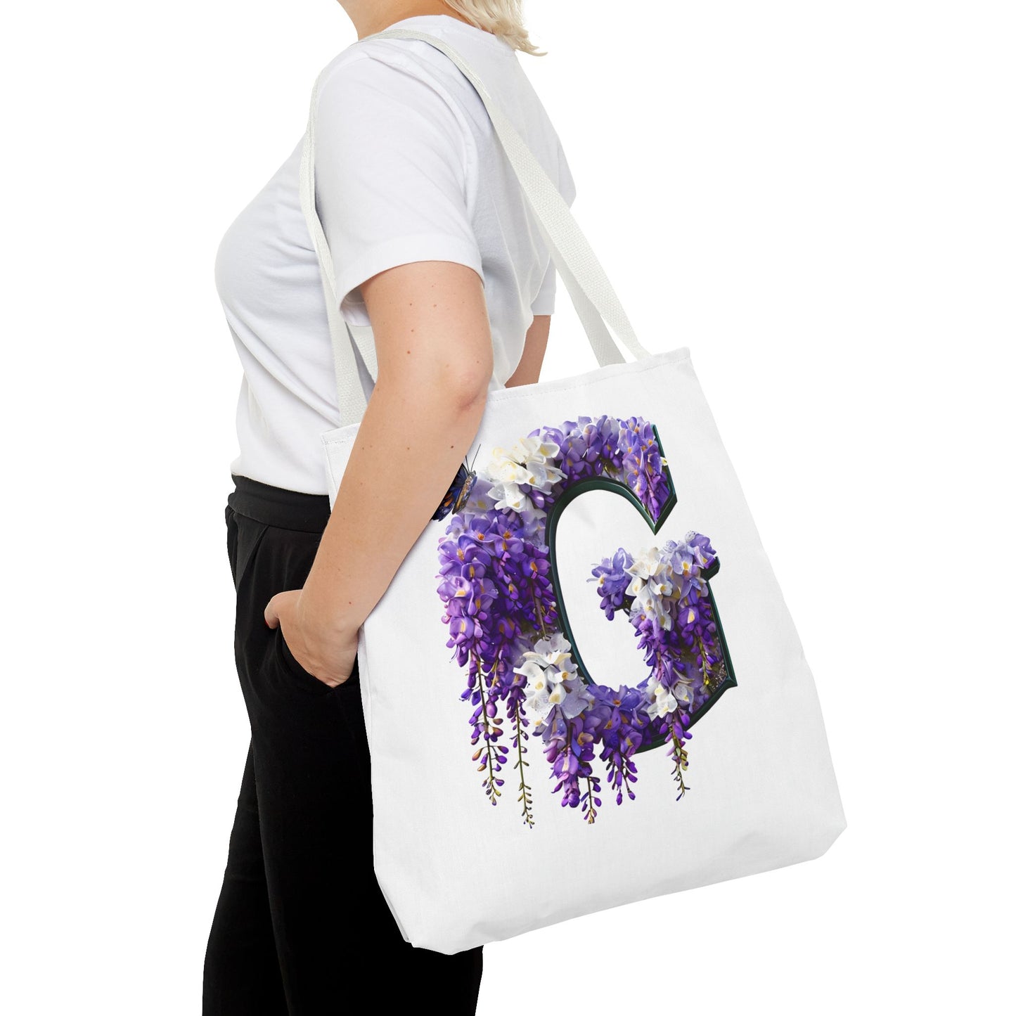 Floral Alphabet 'G' Tote Bag - Purple Flowers and Butterfly Design, Style for Every Occasion