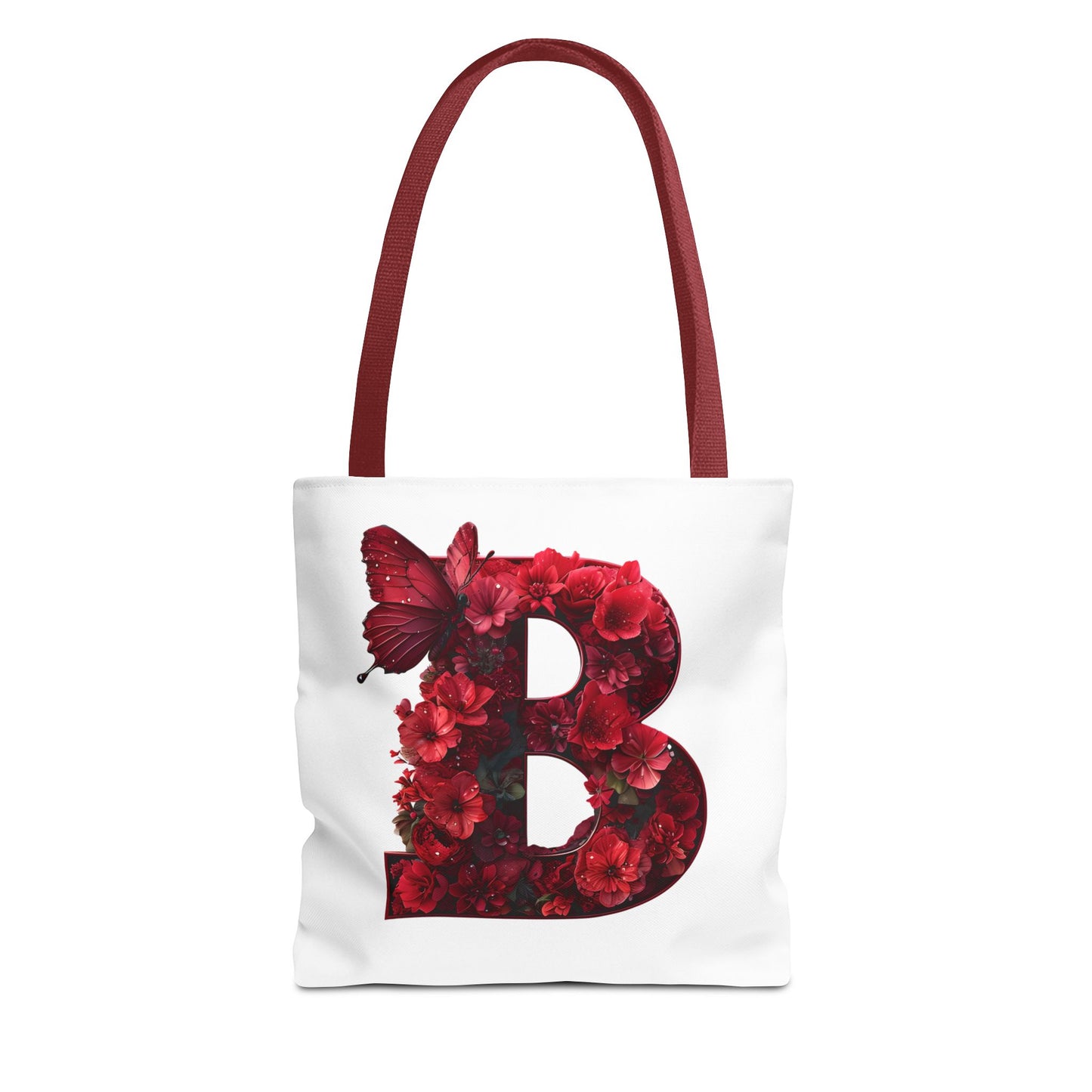 Red Floral Alphabet B' Tote Bag with Butterfly - Shopping, Beach or Travel Accessory