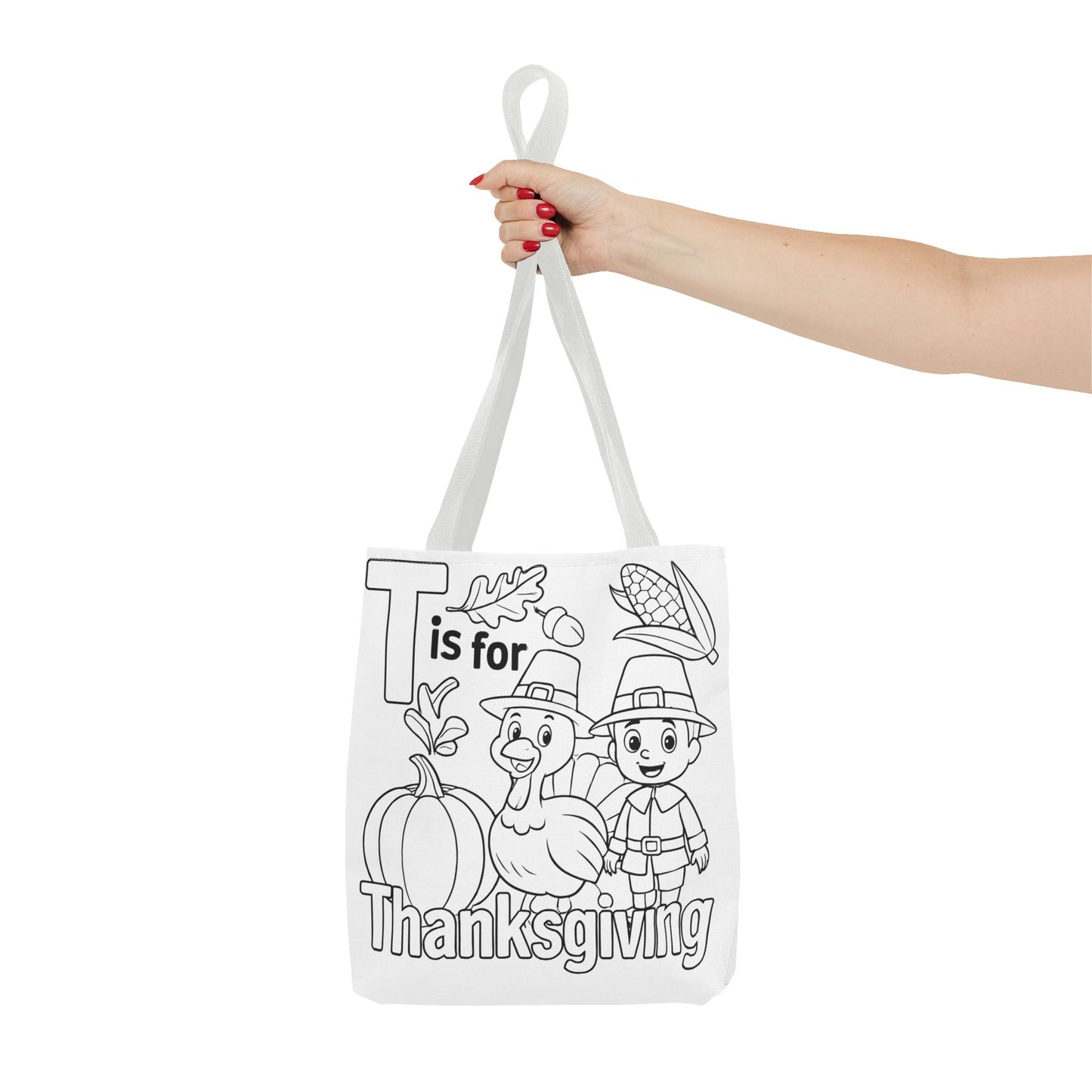 T is for Thanksgiving Coloring Page Tote Bag - Colorful Pilgrims and Turkey Design, AOP, Ideal for Holiday Gatherings, Gifts, and Crafts