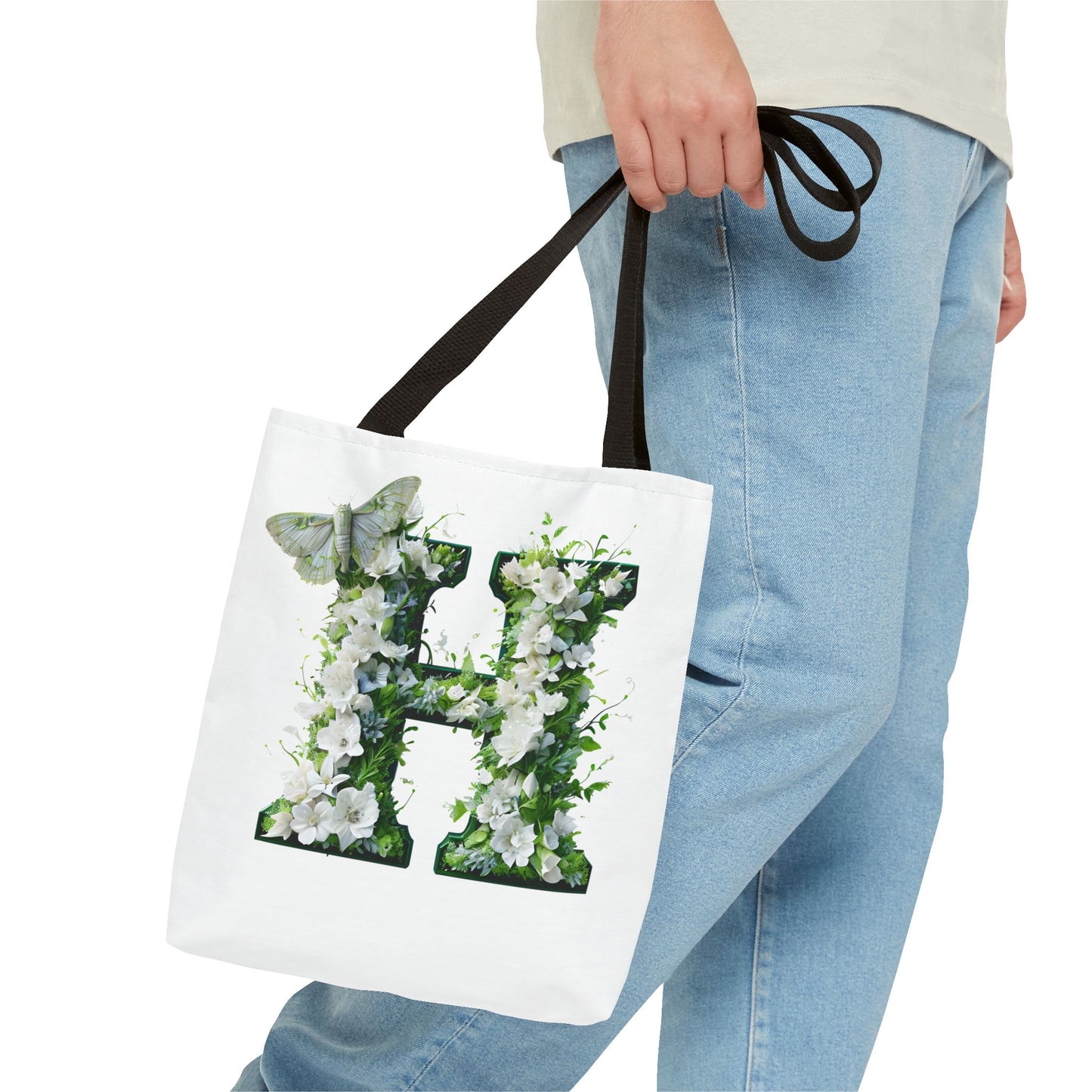 Floral Alphabet 'H' Tote Bag - Green and White Gift for Nature Lovers