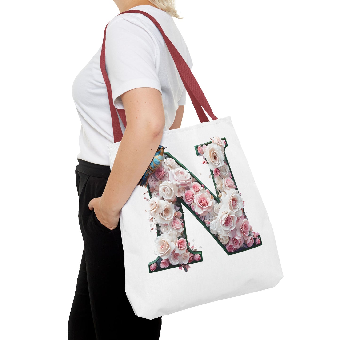 Floral Alphabet 'N' Tote Bag - Chic Shopper Accessory with Flower and Bird Design