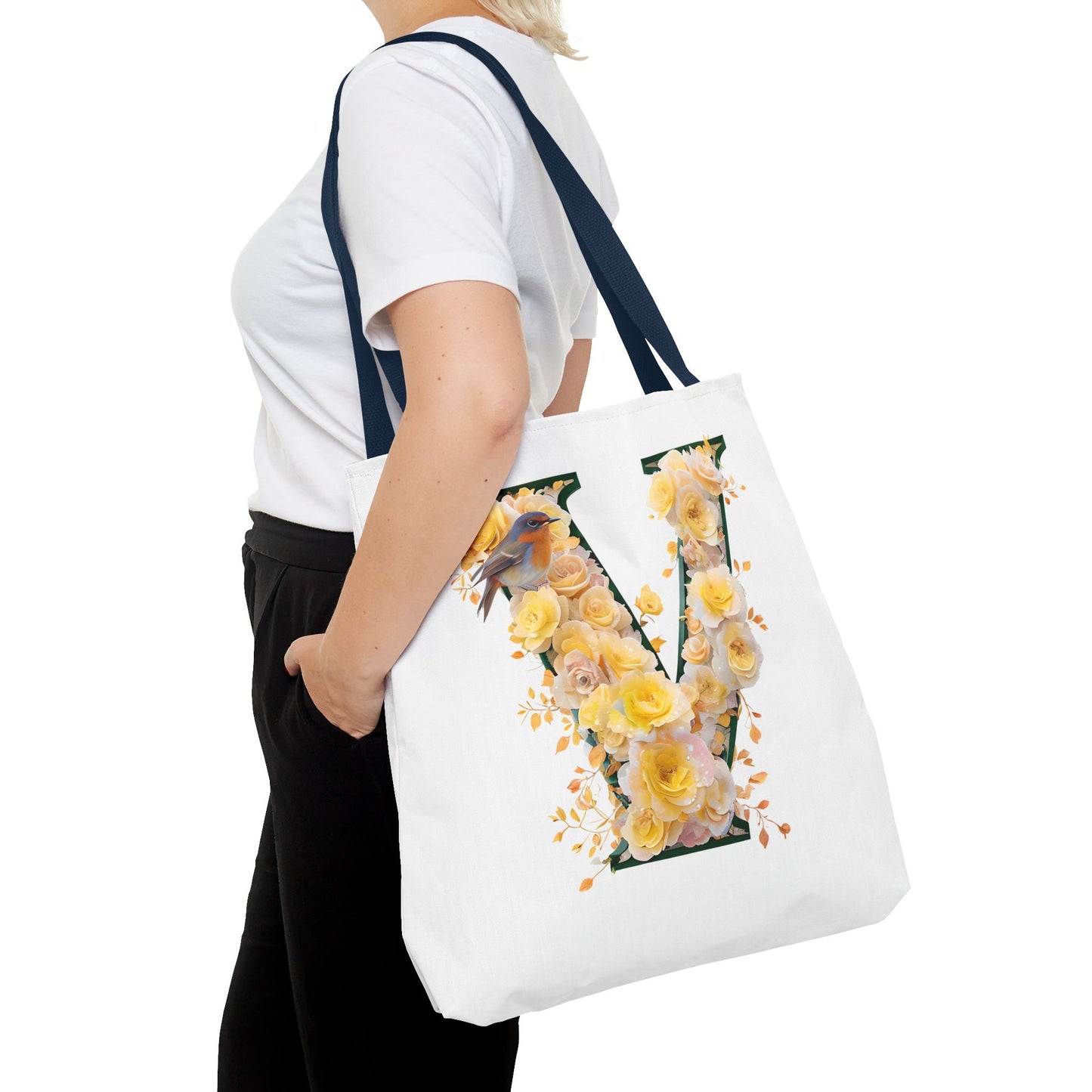 Floral Alphabet 'V' Tote Bag - Yellow Flower Monogram Gift for Nature Lovers
