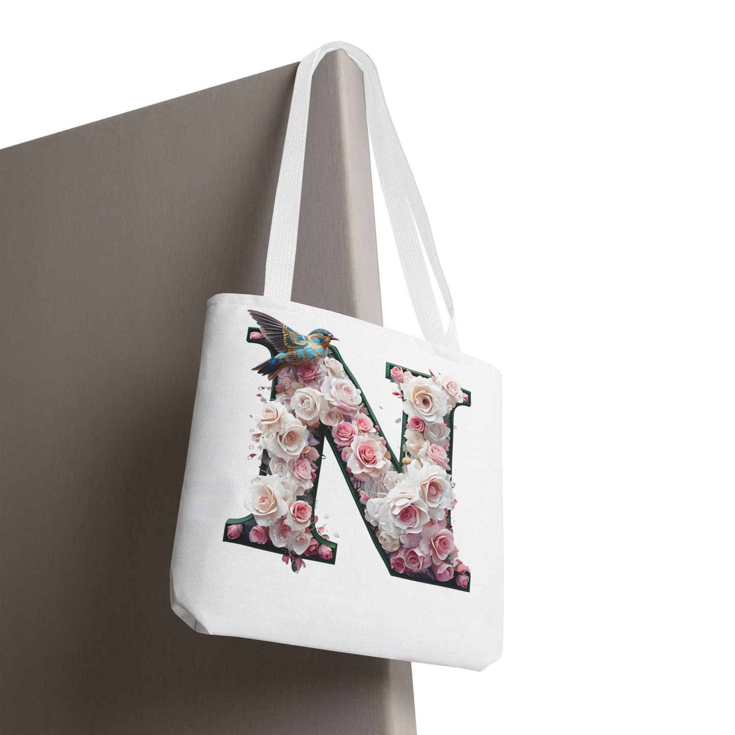 Floral Alphabet 'N' Tote Bag - Chic Shopper Accessory with Flower and Bird Design