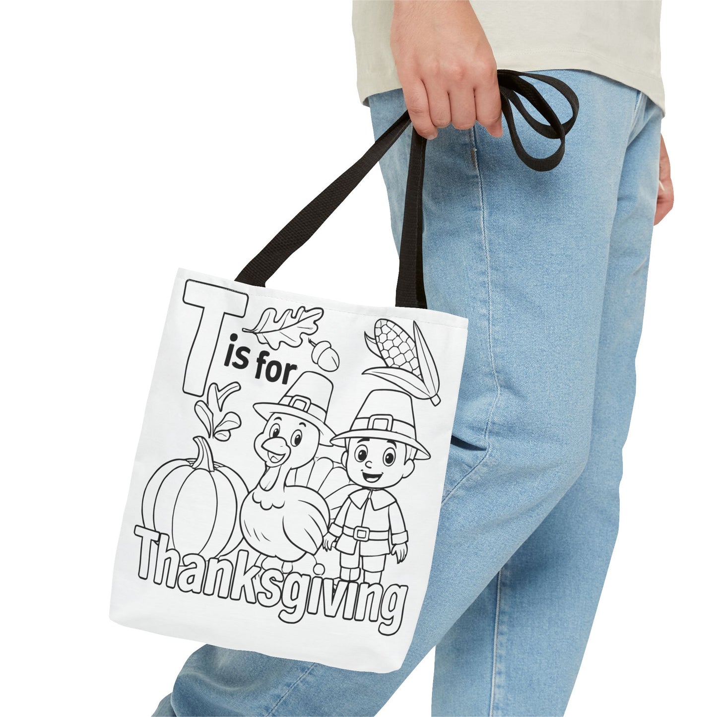 T is for Thanksgiving Coloring Page Tote Bag - Colorful Pilgrims and Turkey Design, AOP, Ideal for Holiday Gatherings, Gifts, and Crafts
