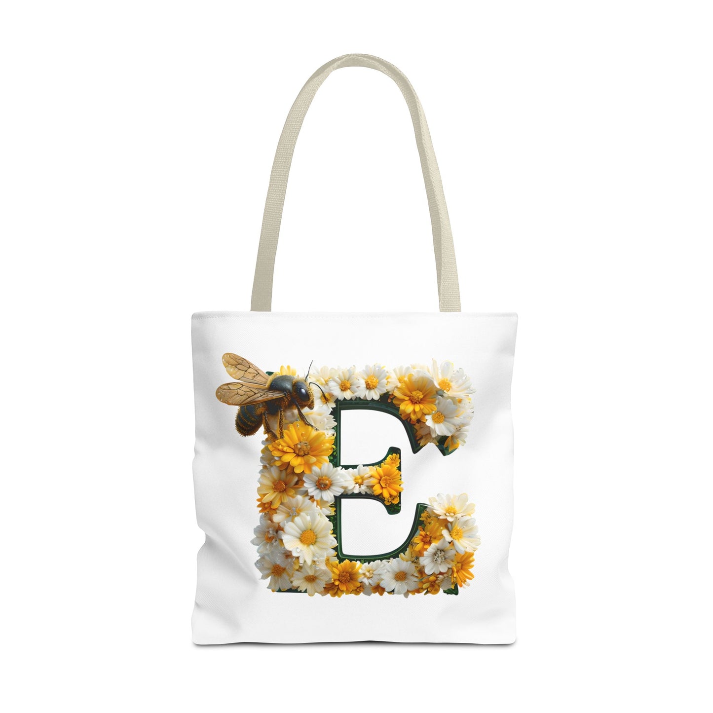 Floral Alphabet Tote Bag with Yellow Daisies, the Initial 'E' and Bee Design