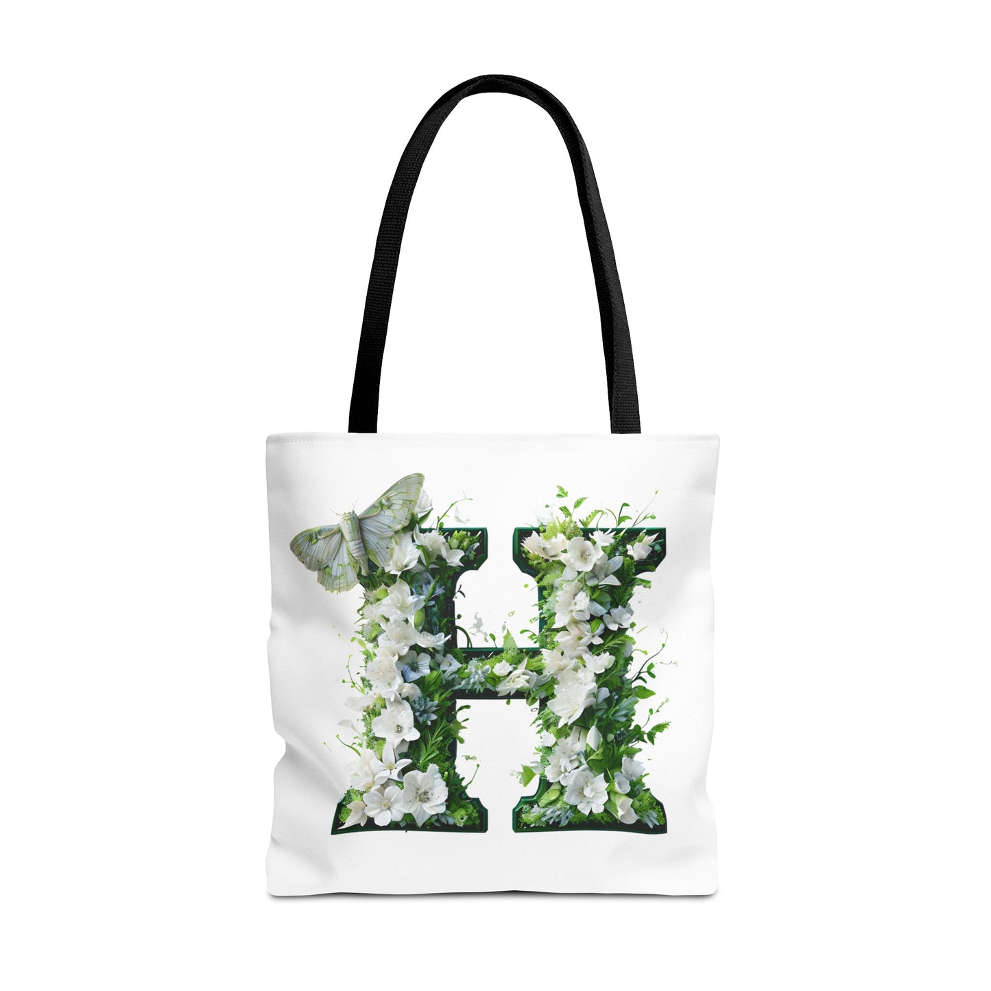 Floral Alphabet 'H' Tote Bag - Green and White Gift for Nature Lovers