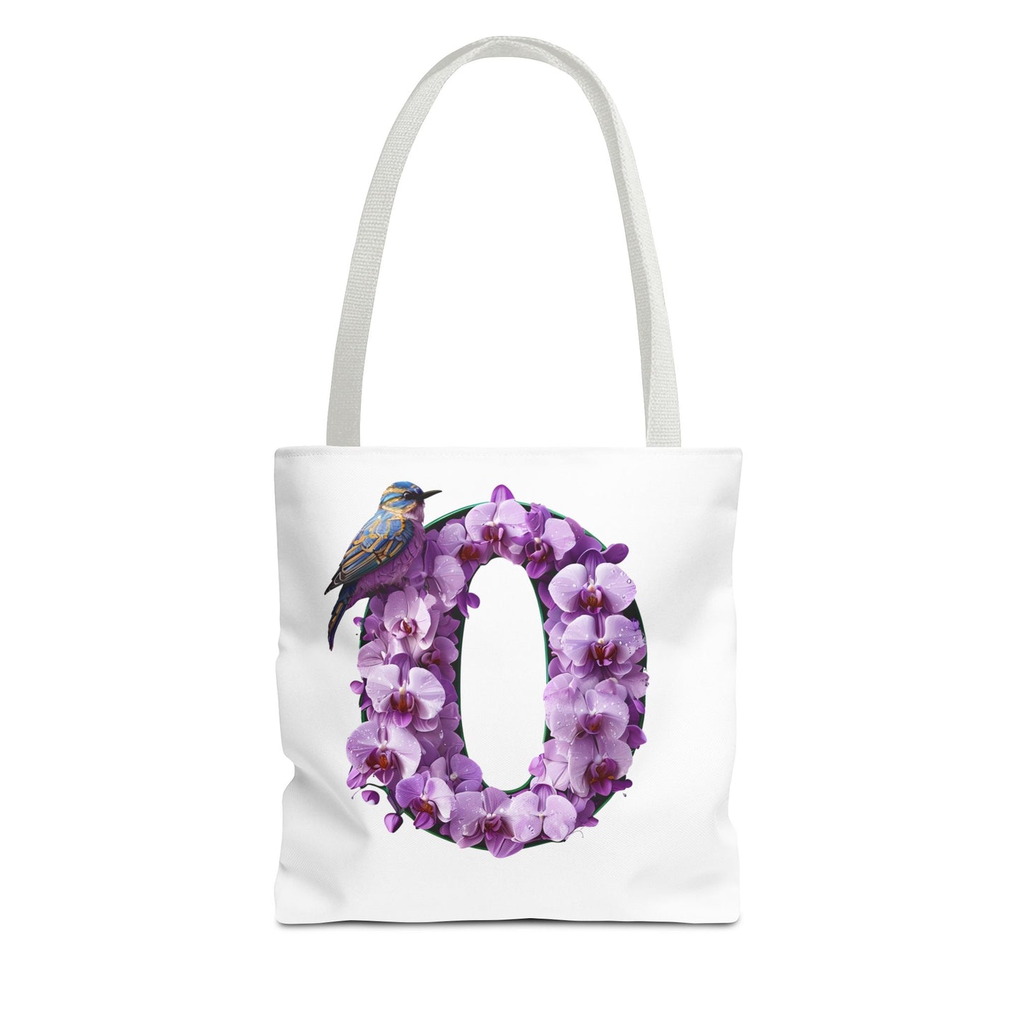 Floral Alphabet 'O' Tote Bag with Bird and Purple Flowers