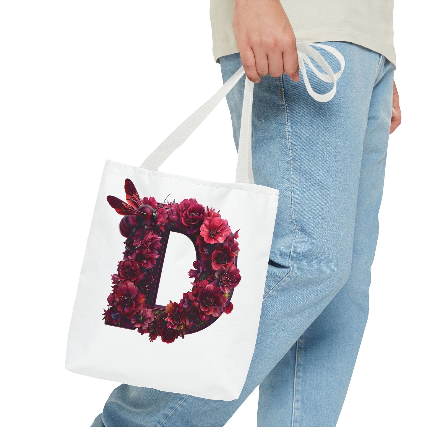 Floral Alphabet 'D' Tote Bag – Stylish Floral and Bee Design