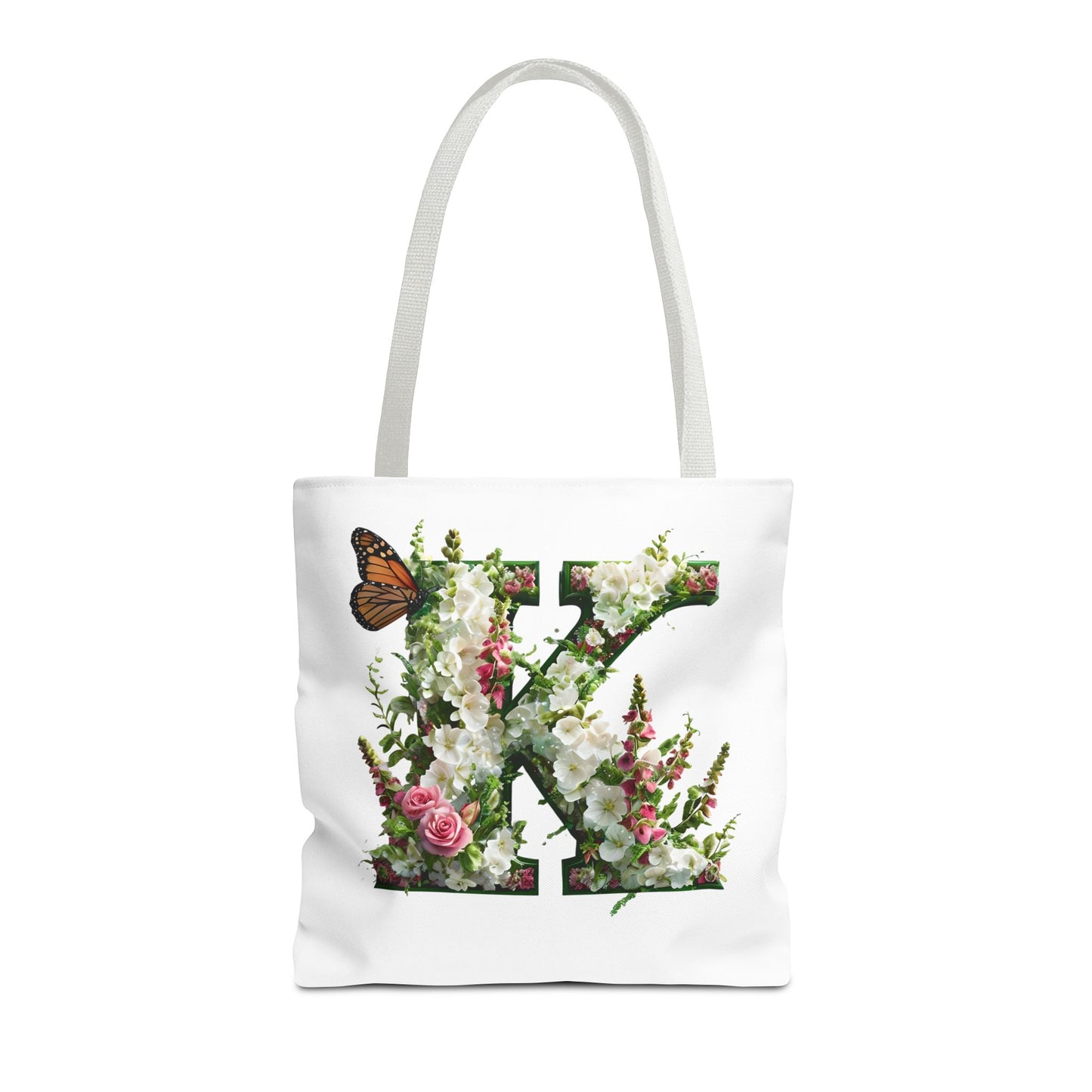 Floral Alphabet 'K' Tote Bag with Cottage Garden Flowers and Butterfly Design