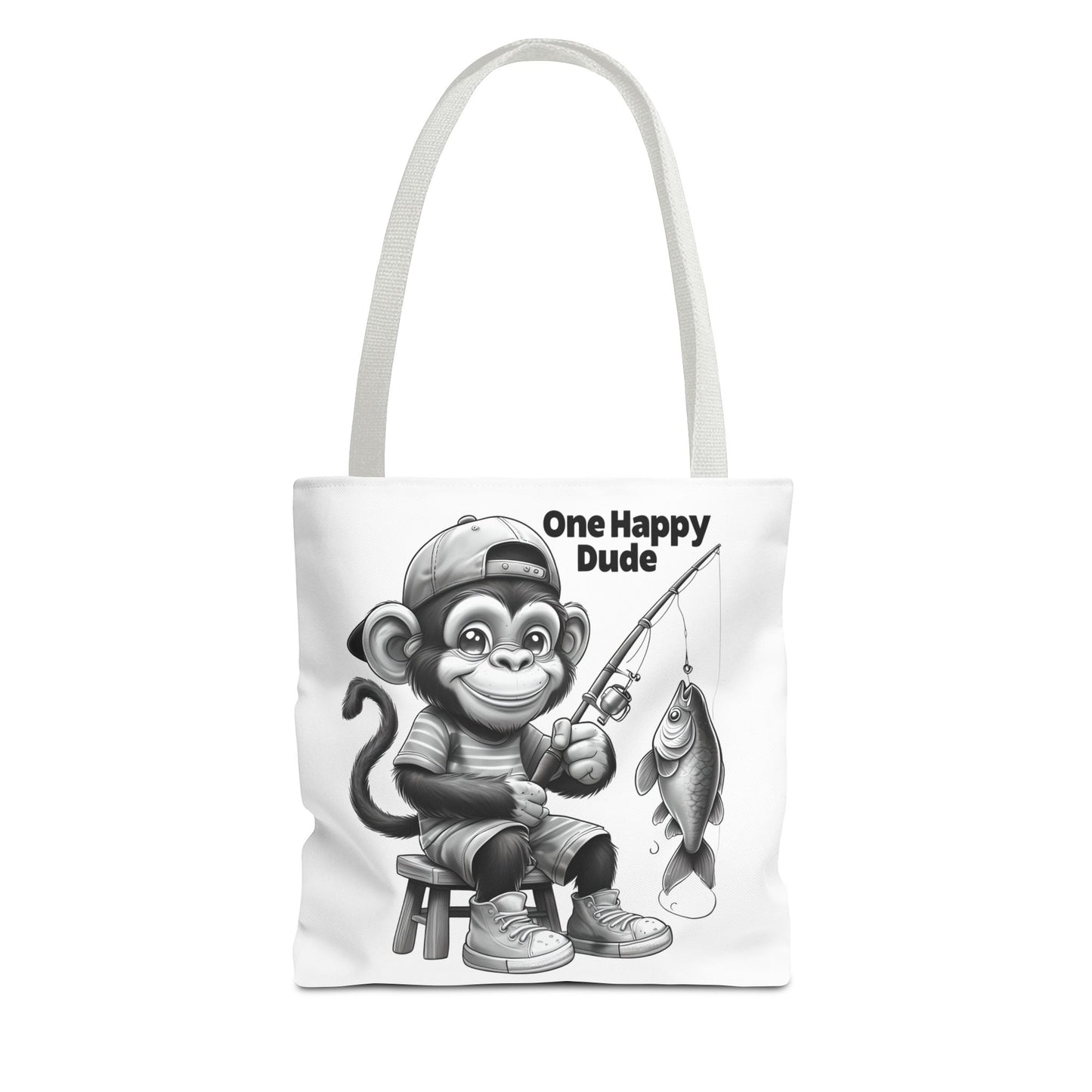 Happy Fishing Monkey Tote Bag, Fun Gift for Dad, Cool Beach Bag, Cute Animal Lover Accessory, Unique Shopper Tote
