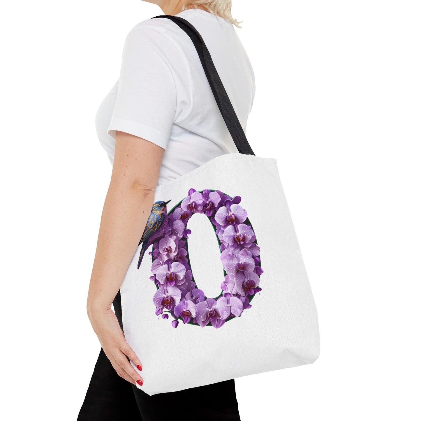 Floral Alphabet 'O' Tote Bag with Bird and Purple Flowers