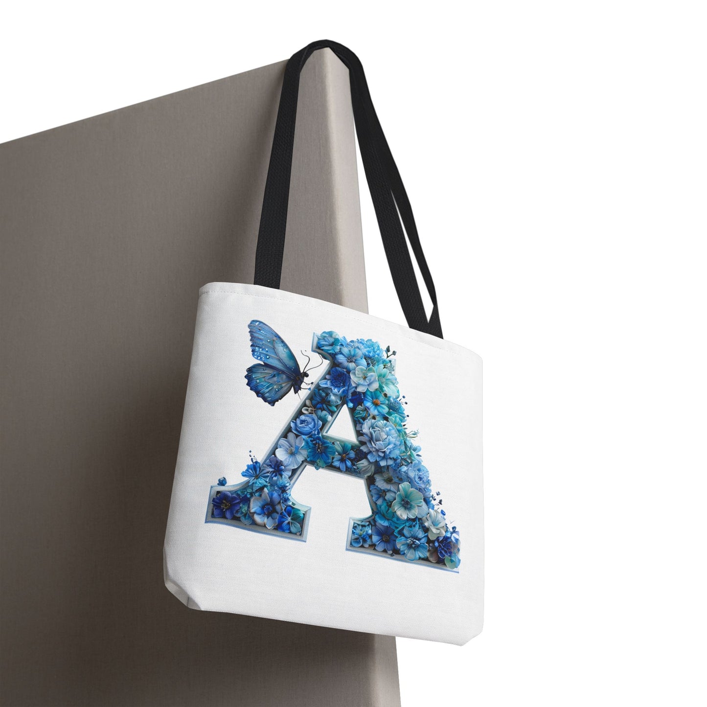 Floral Alphabet 'A' Tote Bag – Blue Butterfly Design
