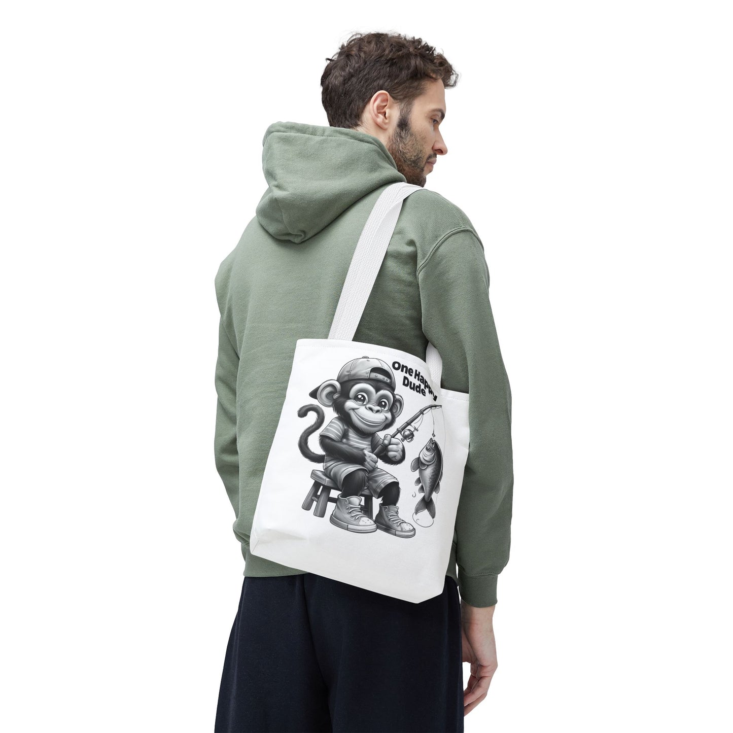 Happy Fishing Monkey Tote Bag, Fun Gift for Dad, Cool Beach Bag, Cute Animal Lover Accessory, Unique Shopper Tote