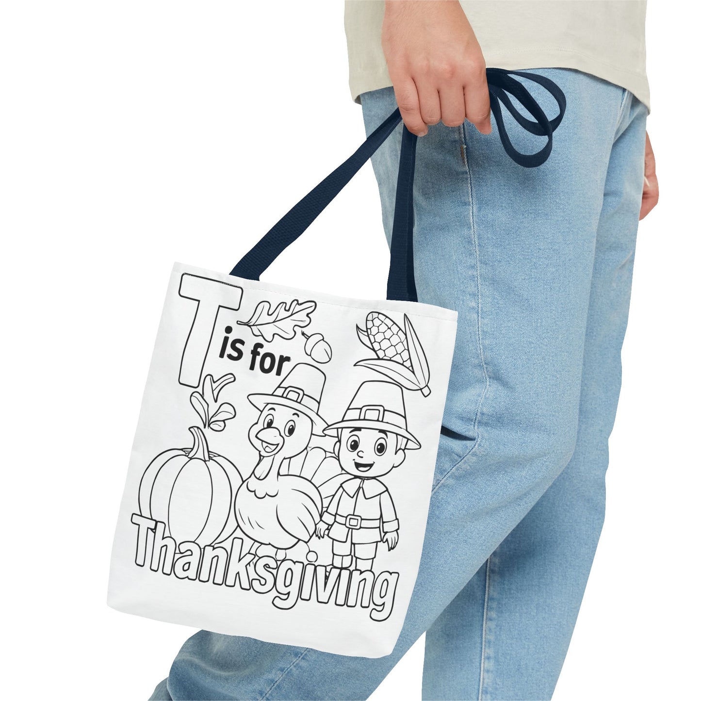 T is for Thanksgiving Coloring Page Tote Bag - Colorful Pilgrims and Turkey Design, AOP, Ideal for Holiday Gatherings, Gifts, and Crafts