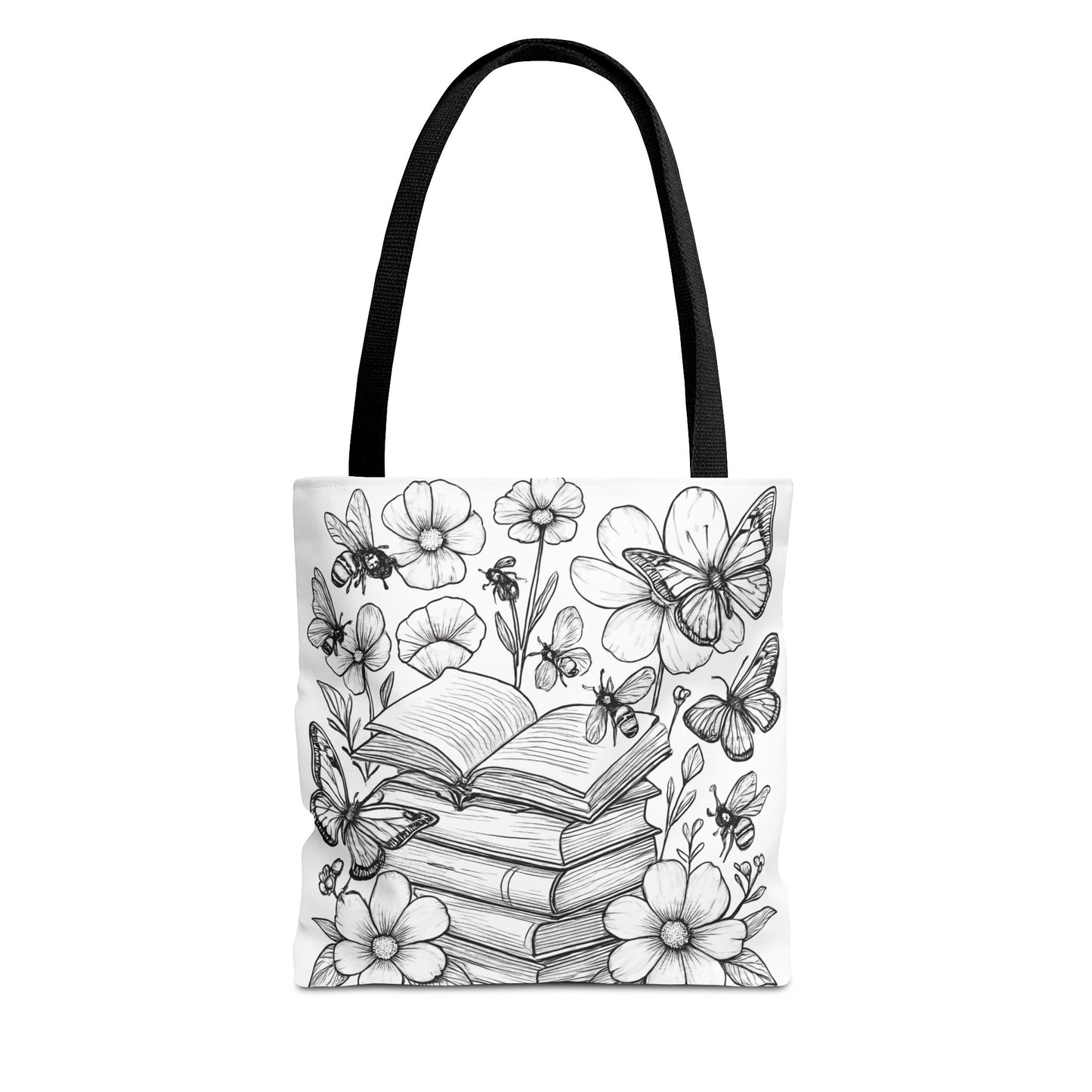 Coloring Page Book Lover Tote Bag, Floral Butterfly Tote, Gift for Readers, Library Bag, Eco-Friendly Shopping Tote