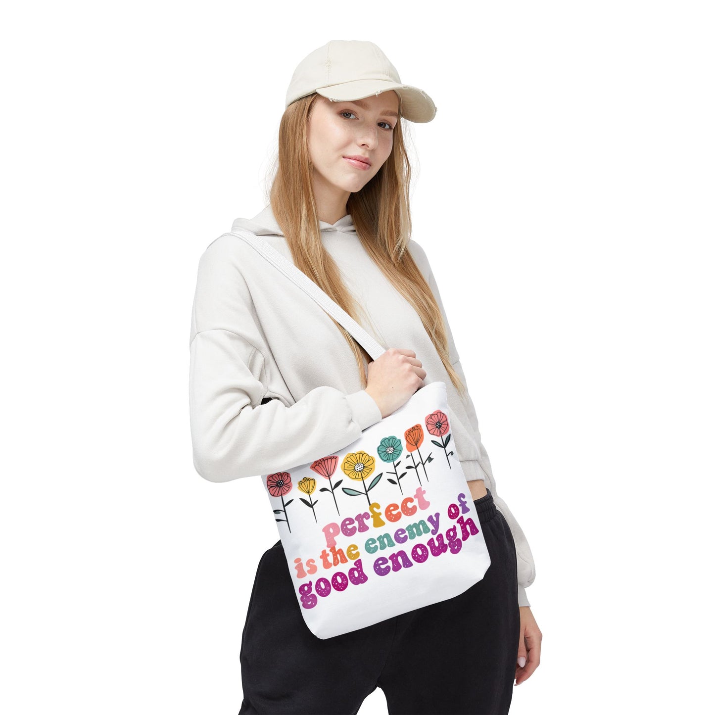 Motivational Floral Tote Bag - 'Perfect is the Enemy of Good Enough'